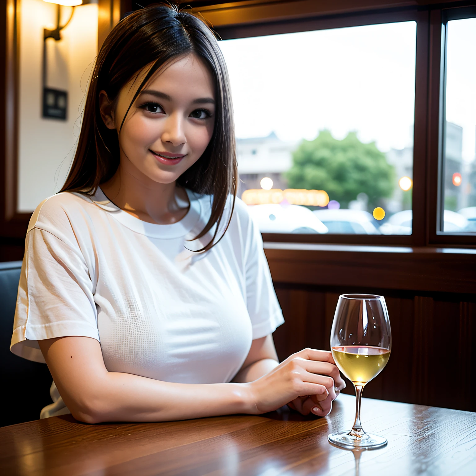 (64K, UHD, top quality, masterpiece: 1.2), (realistic, photorealistic: 1.37), super detailed, pretty woman 1 person, (slim face), (slim body), (brown hair), (short cut), cheeks slightly blushing, (44 years old), 38 years old, solo, beautiful detailed urban night view outside the window, restaurant, wine glasses sit, at night, in a prominent placeNovaFrogStyle, Actress, Model, Waist Up, White Wine, Slim, Wine Glass, Super Clean Night View, Wine Glass Put in the Middle, Happy Smile, (Smile: 1.15), Beautiful Fine Eyes, Upper Body, Bust Japan Up, Night, Short, Short, Actress, Model, Waist Up, White Wine, Slim, Wine Glass, Super Clean Night View, Wine Glass Put in the Middle, Happy Smile,