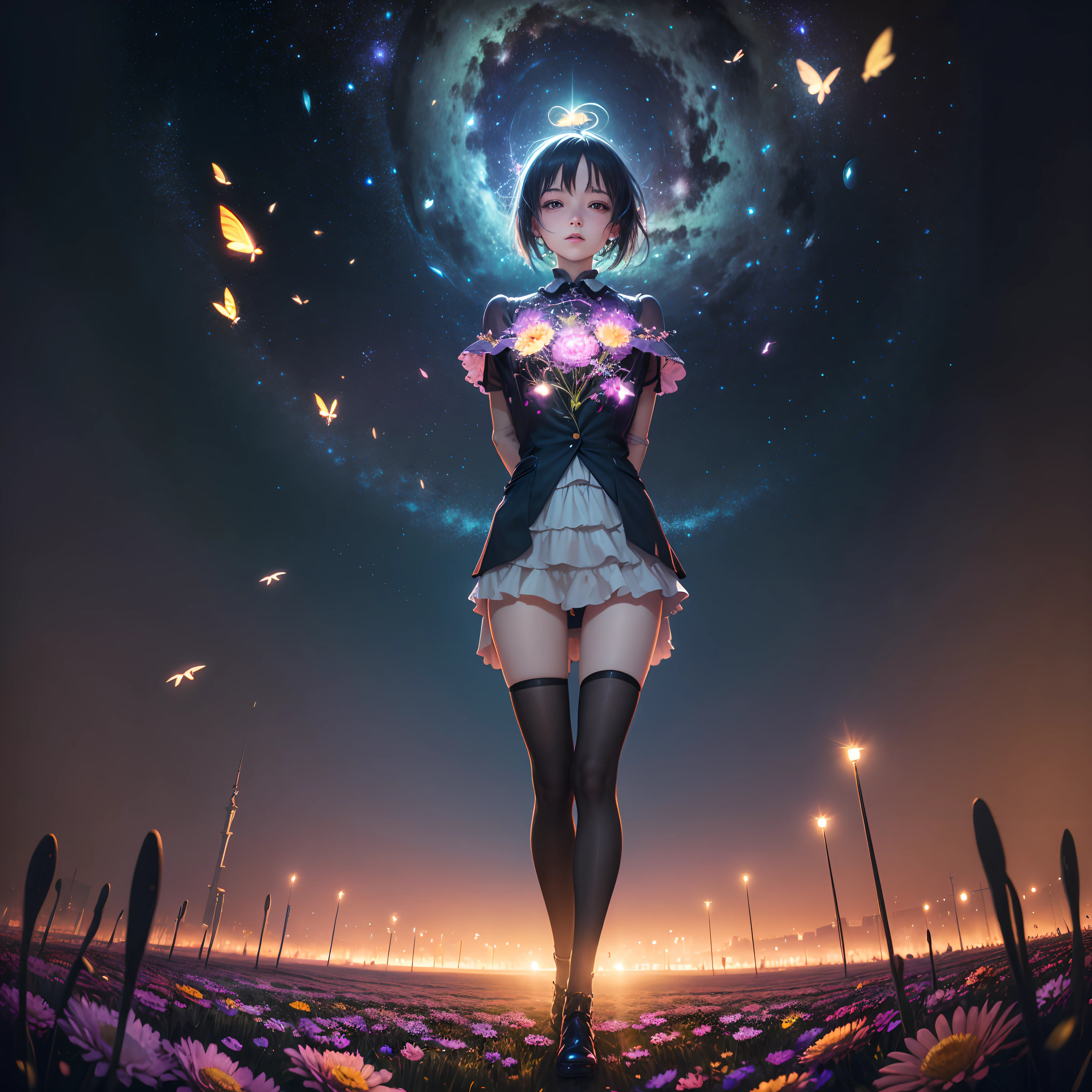 surrealism, romanticism lain, full bloom, Fuji colors, 8K, Super detail, Best quality, Super detail, High details, High quality, Award-Awarded, Anatomically correct, Masterpiece, ccurate, retinas, hyper HD,nighttime scene,Magic shines,Everything is full of life。,Fireflies fly everywhere