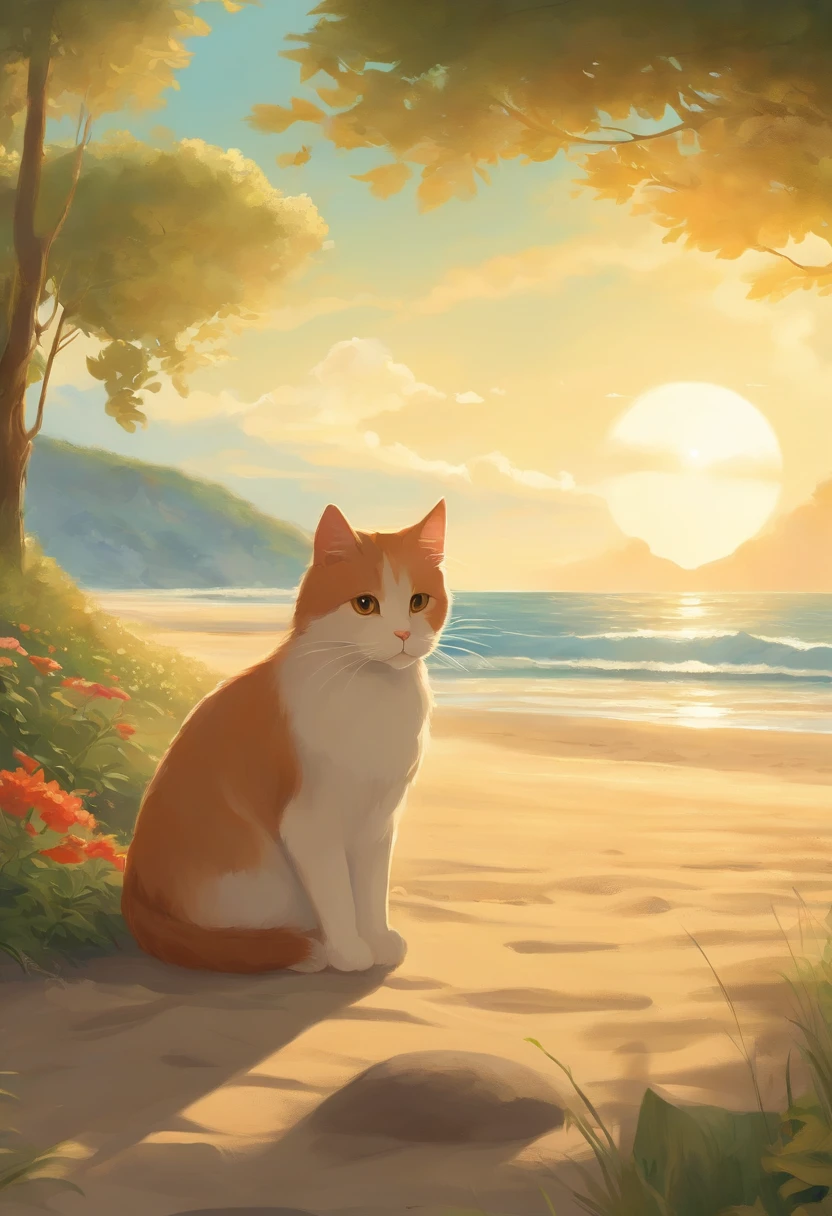 Create a Studio Ghibli-style artwork featuring a cat on the beach. The cat should be depicted in a relaxed and contemplative position, Sitting in the gentle waves lapping the shore. The scene should be bathed warmly, Golden sunlight rustles on the nearby lawn with a gentle breeze. There should be calmness and harmony in the composition, It evokes the seductive and subtle vibe that is unique to Studio Ghibli's art style..