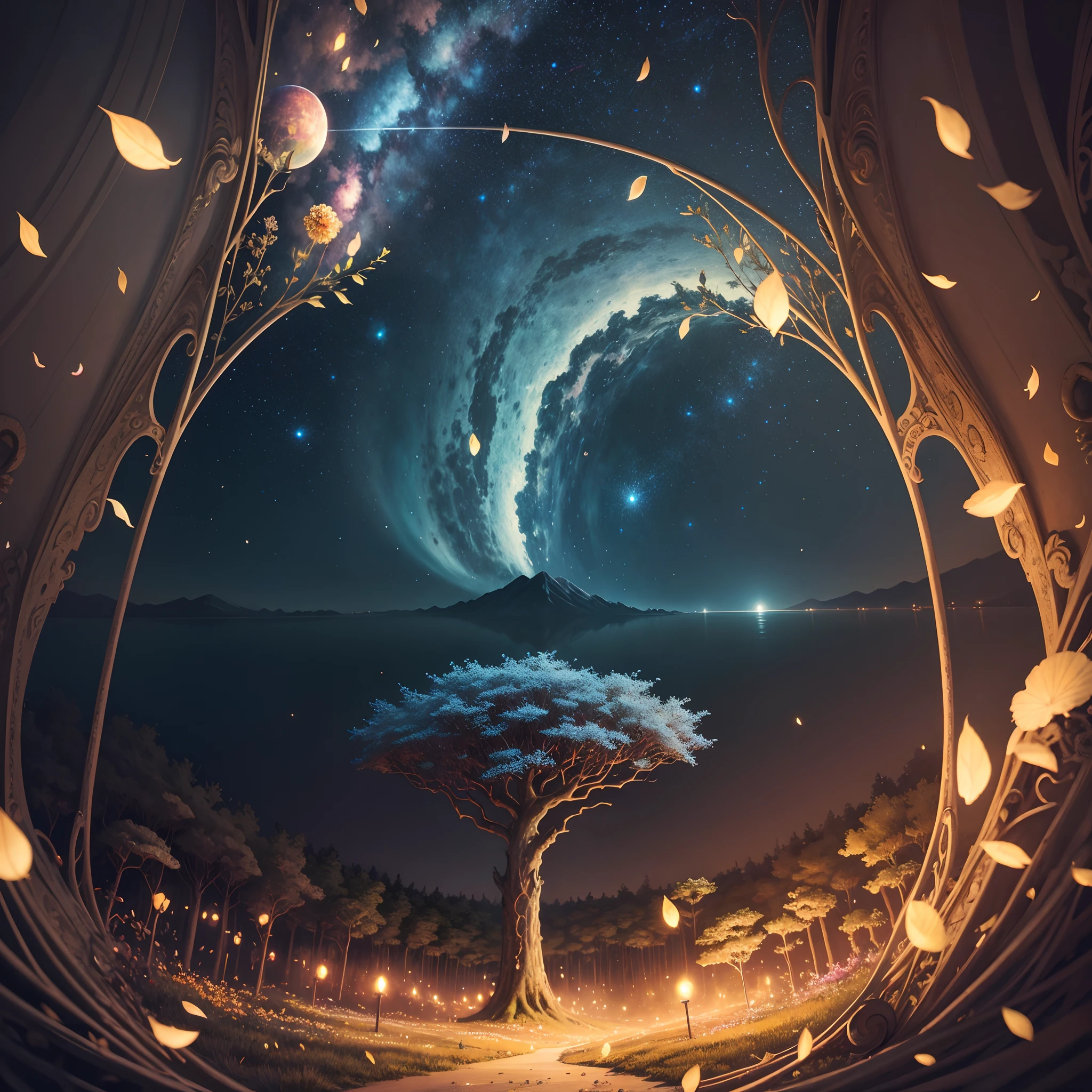 surrealism, romanticism lain, full bloom, Fuji colors, 8K, Super detail, Best quality, Super detail, High details, High quality, Award-Awarded, Anatomically correct, Masterpiece, ccurate, retinas, hyper HD,nighttime scene,Magic shines,Everything is full of life。,Fireflies fly everywhere