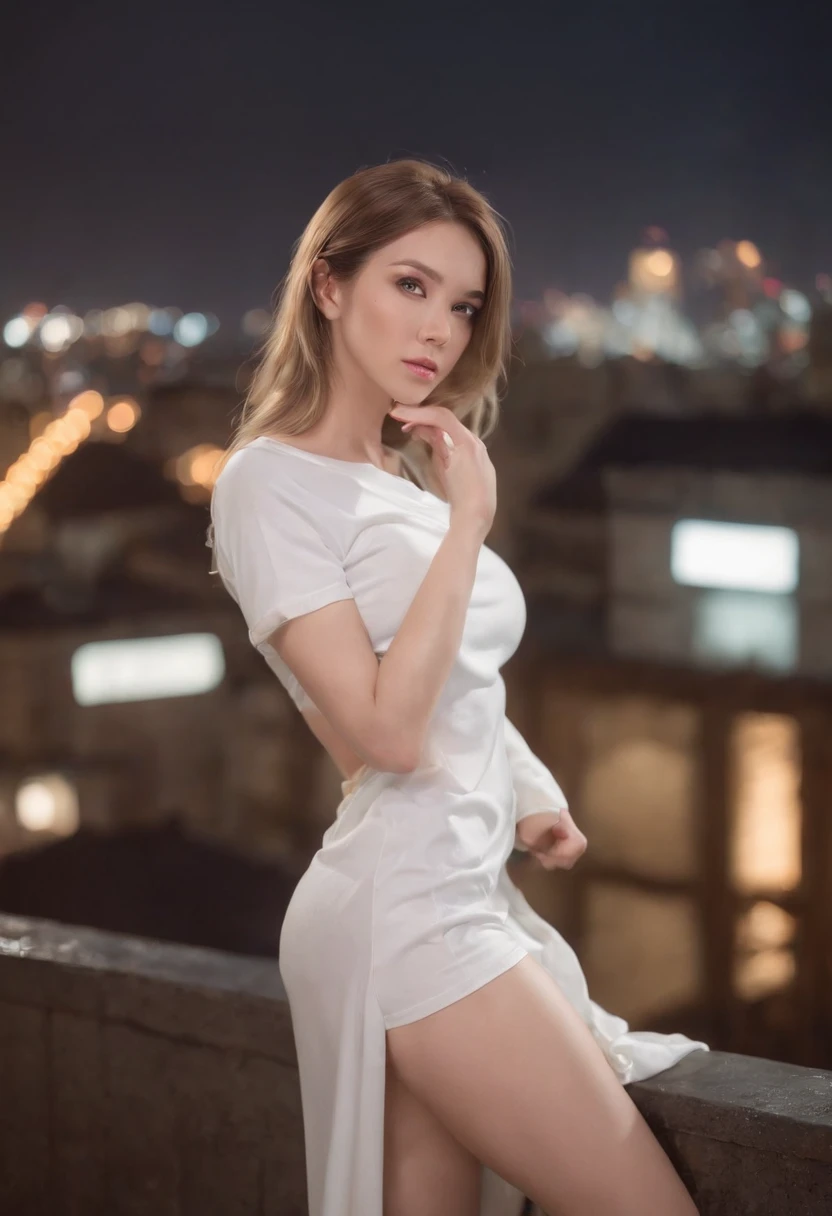 woman, Realistic character，coiffed blonde hair, Seven-color silk dress，Show the chest，Blue eyes, anime big breast, Alone, modern, cyber punk perssonage，fully body photo((midynight, Need, 8K, tmasterpiece:1.3)), full bodyesbian, Long legs, Focalors:1.2, perfect figure beautiful woman:1.4, Slim abs:1.1, ((Dark brown hair, huge tit:1.2 )), (white tight t-shirt, standing on your feet:1.2), ((city night scene, the roof:1.3)), Highly detailed facial and skin texture, 詳細な目, 二重まぶた