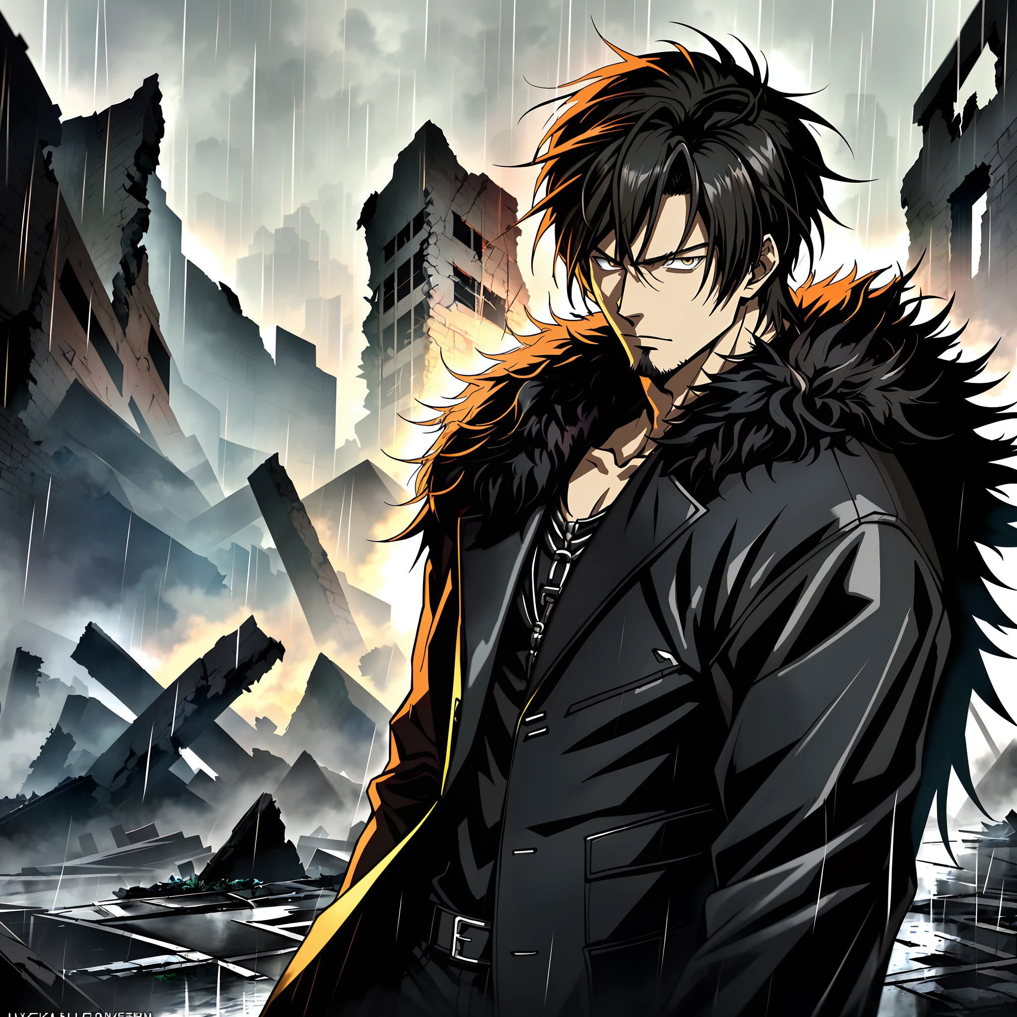 An anime man in a black fur coat stands among the ruins in the rain, Black colored eyes，Anime handsome man, Anime portrait of a handsome man, anime concept hdr anime macmanus, Key anime art, male anime character,