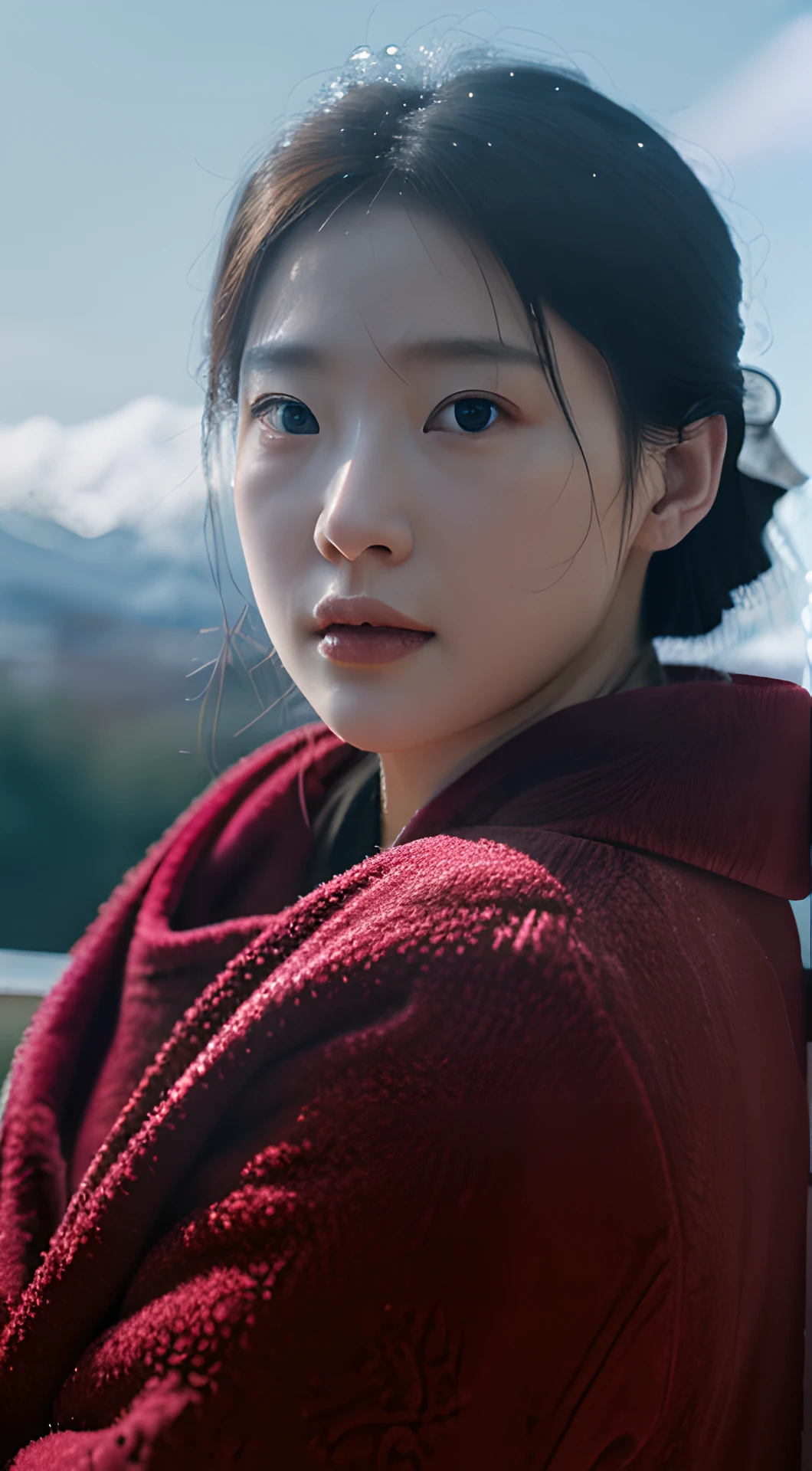 (plateau), White clouds, Red robe, woman, Faces of vicissitudes, snow mountains,(8K, 4K, Best quality, A high resolution:1.1),Realistic,Photorealistic,Magazine cover,(illustration),(Masterpiece),Detailed,sharp and clear focus,cinmatic lighting,(Realistic Photorealistic:1.1),Beautiful face,Intricate,Highly detailed,Digital photography,(Masterpiece Side lighting, fine detailed beautiful eyes:1.2),hdr,Physically-based rendering,Professional lighting