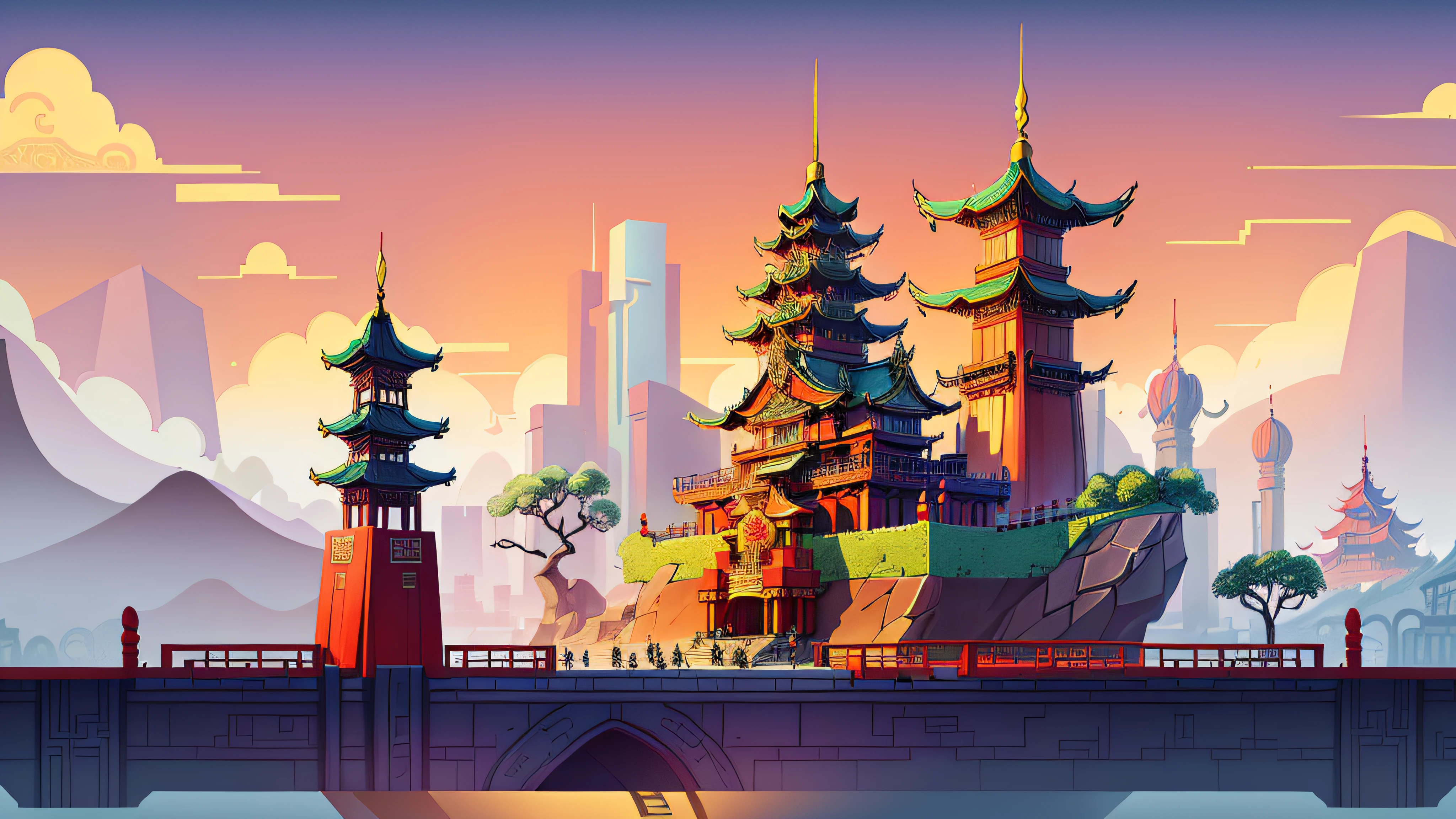 Cartoon illustration of a Chinese city with bridges and towers, Mobile game background, palace background, Temple background, arte de fundo, videogame background, 2 D game art background, Mobile game art, background artwork, game background, 2d game background, background depicting a temple, arena background, Detailed game art, Zen temple background, Game illustration, background fortress