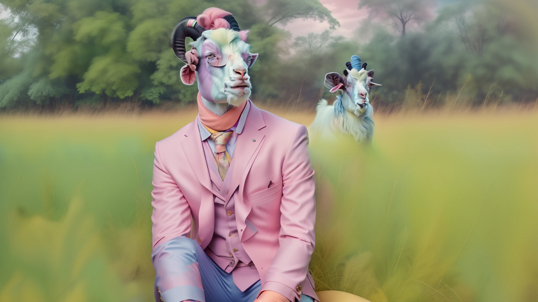 photo portrait,  a goat with a tie and a suit on sitting down with a blue background and a blue background behind it, a man in a pink jacket and yellow tie and blue shirt and pink jacket and pink jacket , Annabel Kidston, professional photo, a character portrait, kitsch movement, pastel colors