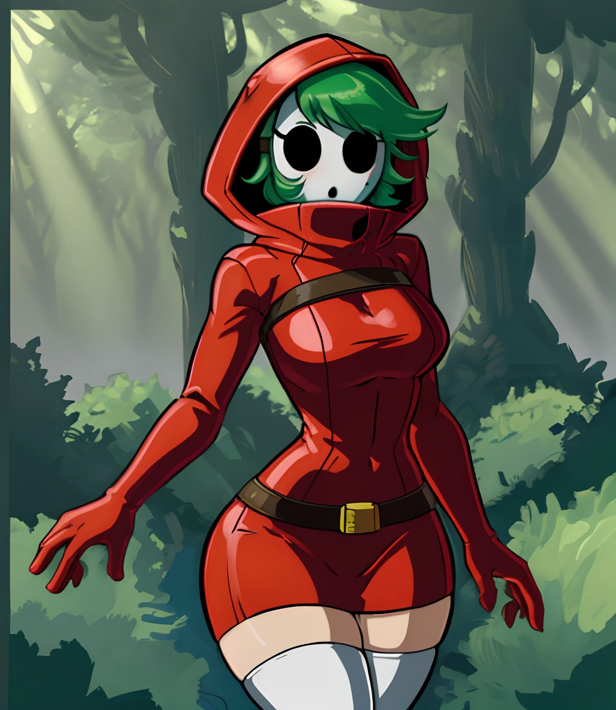 [shy gal], [Uploaded to e621.net; (twistedterra), (wo262), (cabronpr)], ((beautiful render art)), ((solo portrait)), ((full body)), ((cowboy shot)), ((High quality)), ((anime)), ((detailed shading)), ((intricate details)), {(shy guy), (woman body), (shy guy mask), green hair, beautiful legs, (curvaceous hips)}, {(solid red cloth dress), (short red pencil skirt), red hood, brown belts, white knee high socks, blue heel boots)}, {(standing)} [Background; (forest), (sunny), (trees), (sun rays through trees)]