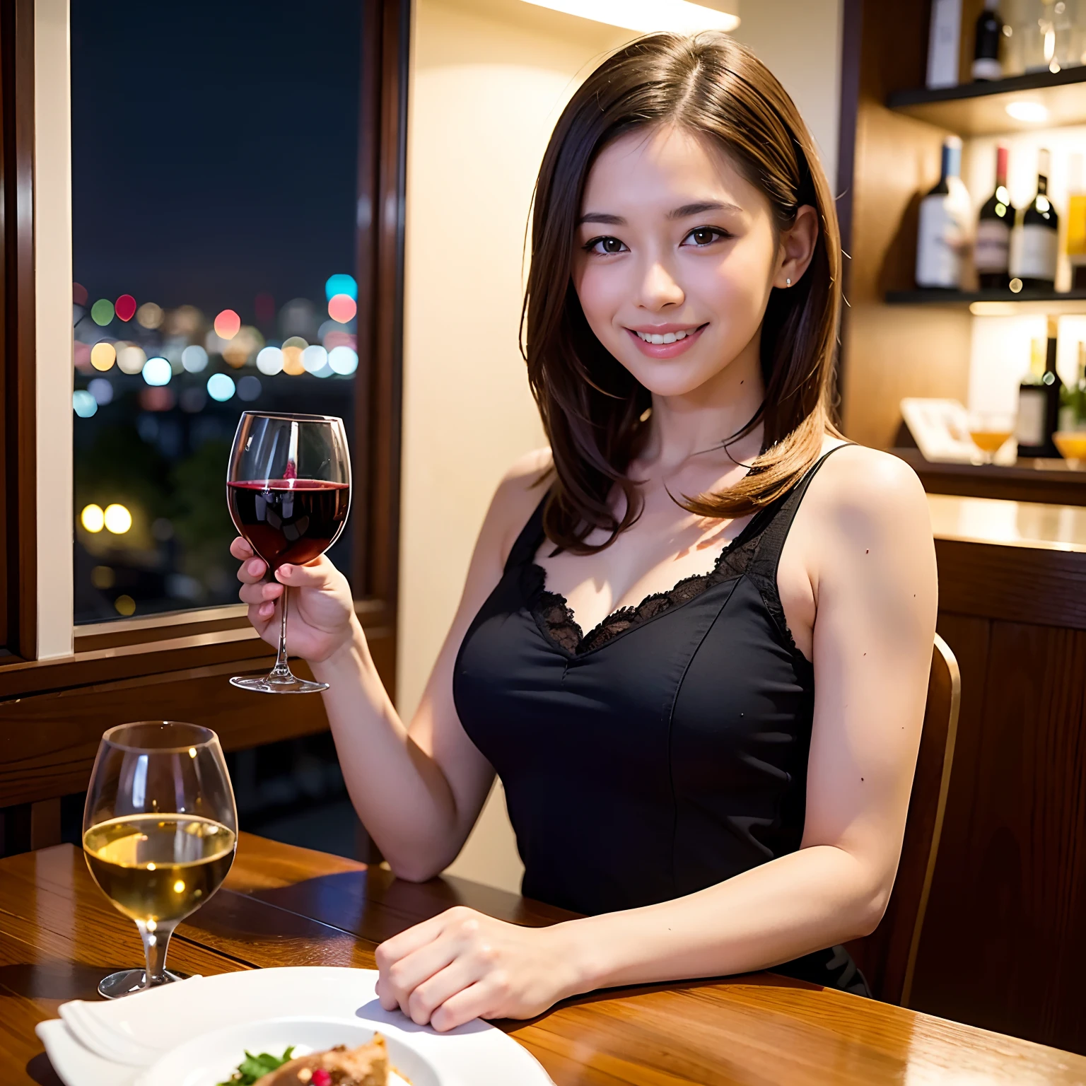 (64K, UHD, top quality, masterpiece: 1.2), (realistic, photorealistic: 1.37), super detailed, pretty woman 1 person, (slim face), (slim body), (brown hair), (short cut), cheeks slightly blushing, (44 years old), 38 years old, solo, beautiful detailed urban night view outside the window, restaurant, wine glasses sit, at night, in a prominent placeNovaFrogStyle, Actress, Model, Waist Up, White Wine, Slim, Wine Glass, Super Clean Night View, Wine Glass Put in the Middle, Happy Smile, (Smile: 1.15), Beautiful Fine Eyes, Upper Body, Bust Japan Up, Night, Short, Short, Actress, Model, Waist Up, White Wine, Slim, Wine Glass, Super Clean Night View, Wine Glass Put in the Middle, Happy Smile,