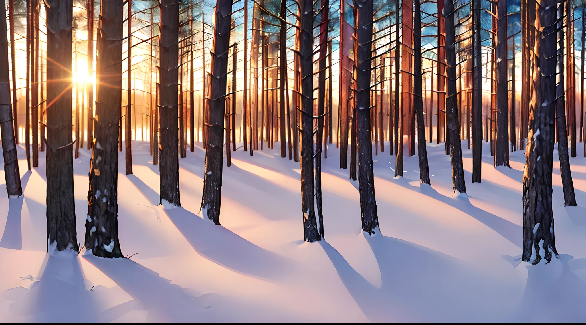 absurd, high resolution, ultra detailed, (((no person in the image))), create an image that refracts light and creates vibrant sunset colors, most often using red, capture a winter forest with tall coniferous trees, dappled sunlight and a sense of calm and naturalness beauty, illustrate a mysterious world to convey depth, emotion and striking visual impact.