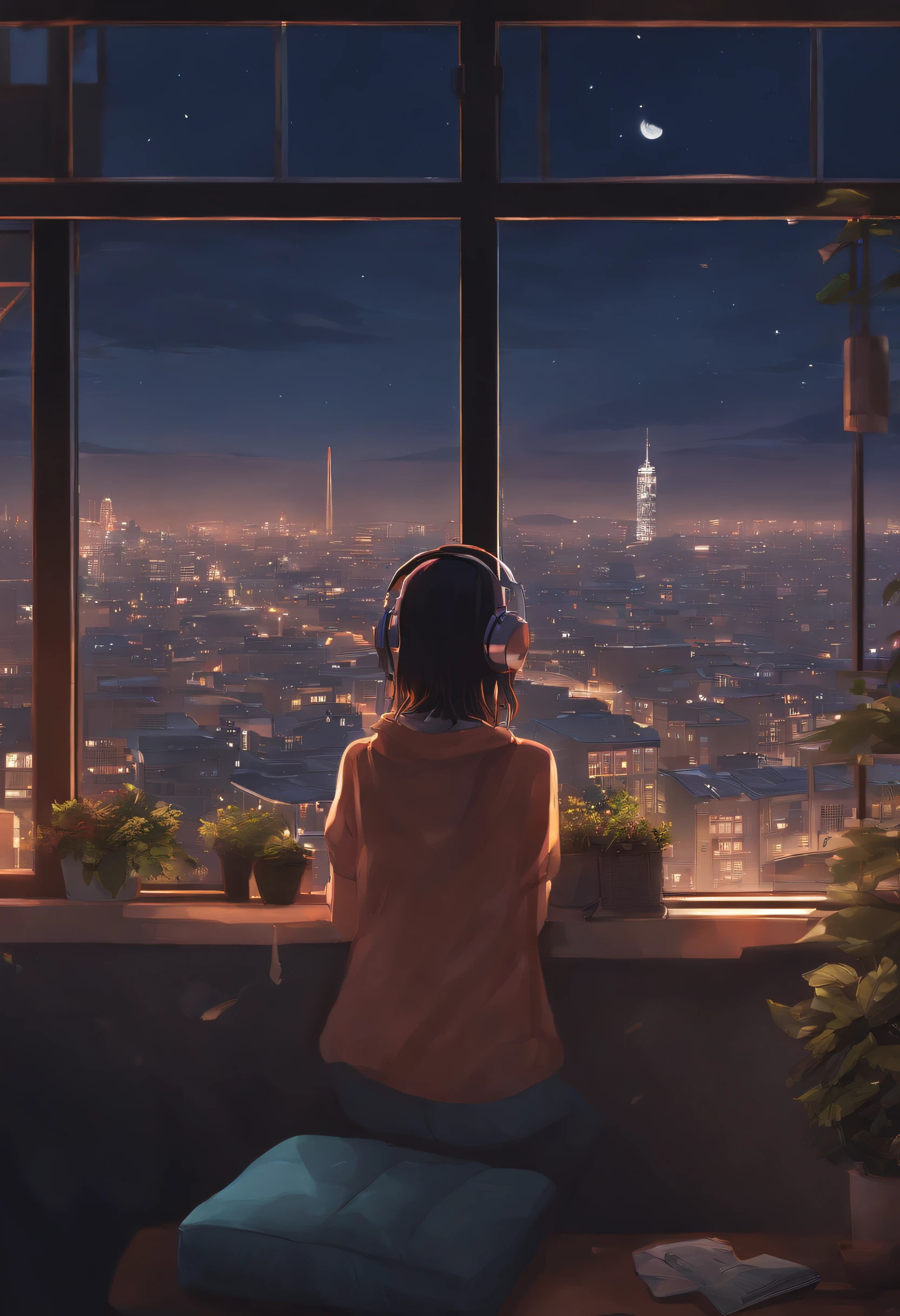 anime girl with headphones looking out a window at a city, lofi girl, anime vibes, lofi artstyle, anime style 4 k, anime aesthetic, nightcore, lofi feel, lofi art, anime art wallpaper 4 k, anime art wallpaper 4k, anime wallpaper 4 k, anime wallpaper 4k, lofi vibes