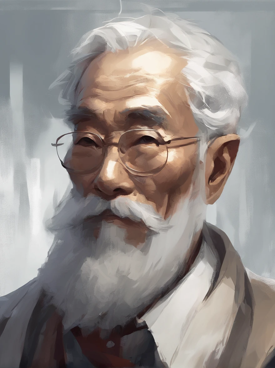 Cinematic portrait , Portrait of an 80-year-old father，Look at the viewer，An elderly Asian man,old man,Single image，Thin and thin, (80 years:1.1), (shaved pubic hair:1.2), (very short white hair，A little curly:1.5),(Long beard:1.6).Dark coat,Minimalist background, Own composition, detalhe poderoso, Bright light，the soft light。