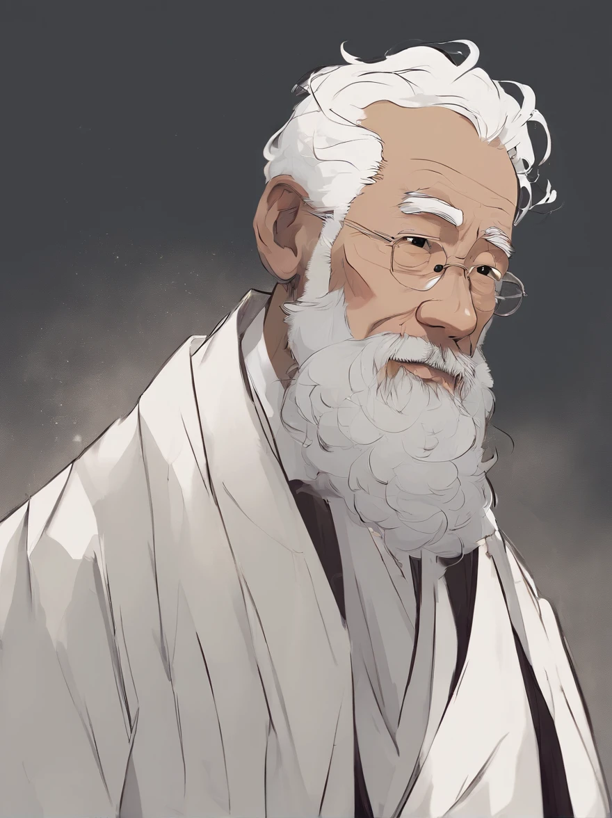 Cinematic portrait , Portrait of an 80-year-old father,Look at the viewer,An elderly Asian man,old man,Single image,Thin and thin, (80 years:1.1), (shaved pubic hair:1.2), (very short white hair,A little curly:1.5),(Long beard:1.6).Dark coat,Minimalist background, Own composition, detalhe poderoso, Bright light,the soft light。