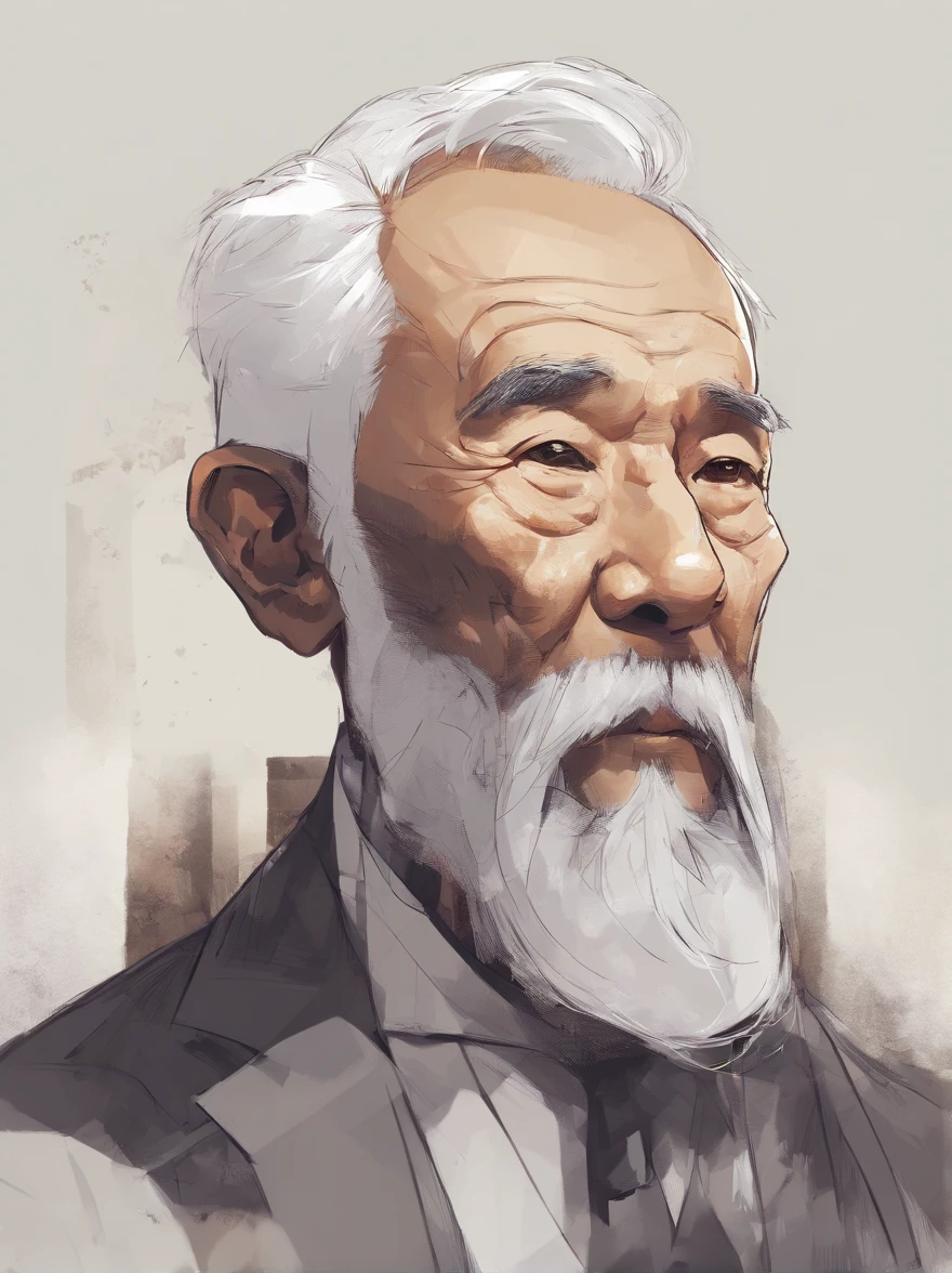 Cinematic portrait , Portrait of an 80-year-old father,Look at the viewer,An elderly Asian man,old man,Single image,Thin and thin, (80 years:1.1), (shaved pubic hair:1.2), (very short white hair,A little curly:1.5),(Long beard:1.6).Dark coat,Minimalist background, Own composition, detalhe poderoso, Bright light,the soft light。