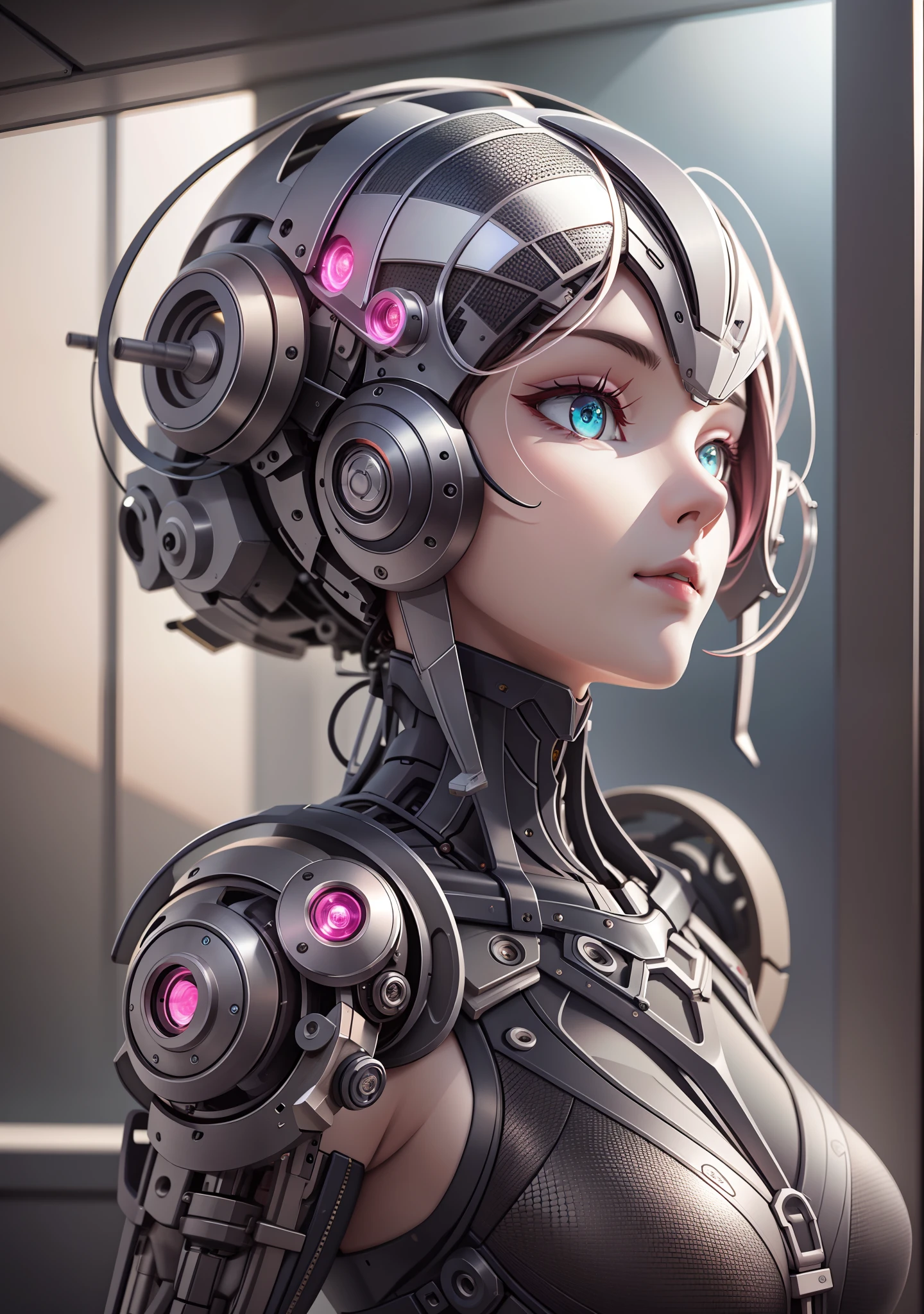 (A mechanical girl),full bodyesbian,glowing light eyes,Mechanical limb,Mechanical joints,extreme hight detail,(s fractal art:1.3),Lots of pink,rich colourful,highest details,globalillumination,shadowing,8K,Ultra-clear,decorative details,highly intricate detail,realistic raytraicing,sci-fy,tmasterpiece,top-quality,best qualityer,offcial art,Beauty and aesthetics:1.2