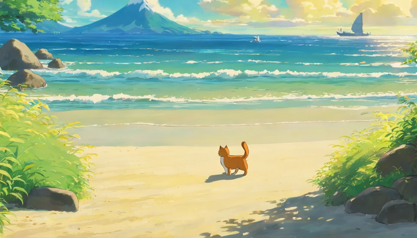 Create a Studio Ghibli-style artwork featuring a cat on the beach. The cat should be depicted in a relaxed and contemplative position, Sitting on the gentle waves that wrap around the shore. The scene should be bathed warmly, Golden sunshine rustles on the nearby lawn with a gentle breeze. There should be calmness and harmony in the composition, It evokes the seductive and subtle atmosphere characteristic of Studio Ghibli..
