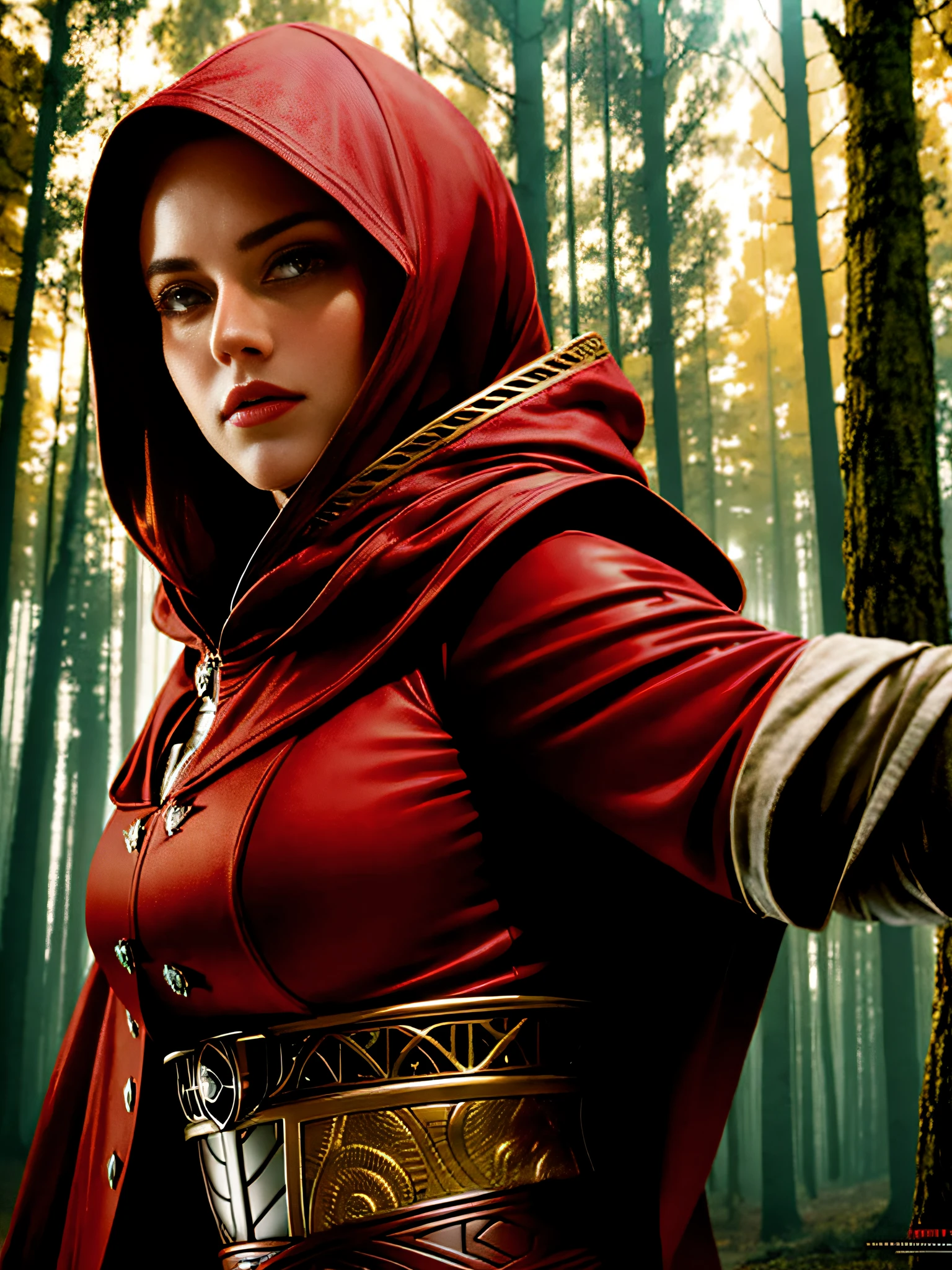 extremely beautiful red riding hood, subtle makeup, golden hour, photorealistic, high contrast, 8k HD, detailed, hyper-detailed, realistic skin texture, covered with red hood, big breast, best quality, ultra high res, raw photo, dramatic lighting, unreal engine, diffuse glow, intricate red hood, outdoor, realistic detailed dark forest, holding light saber