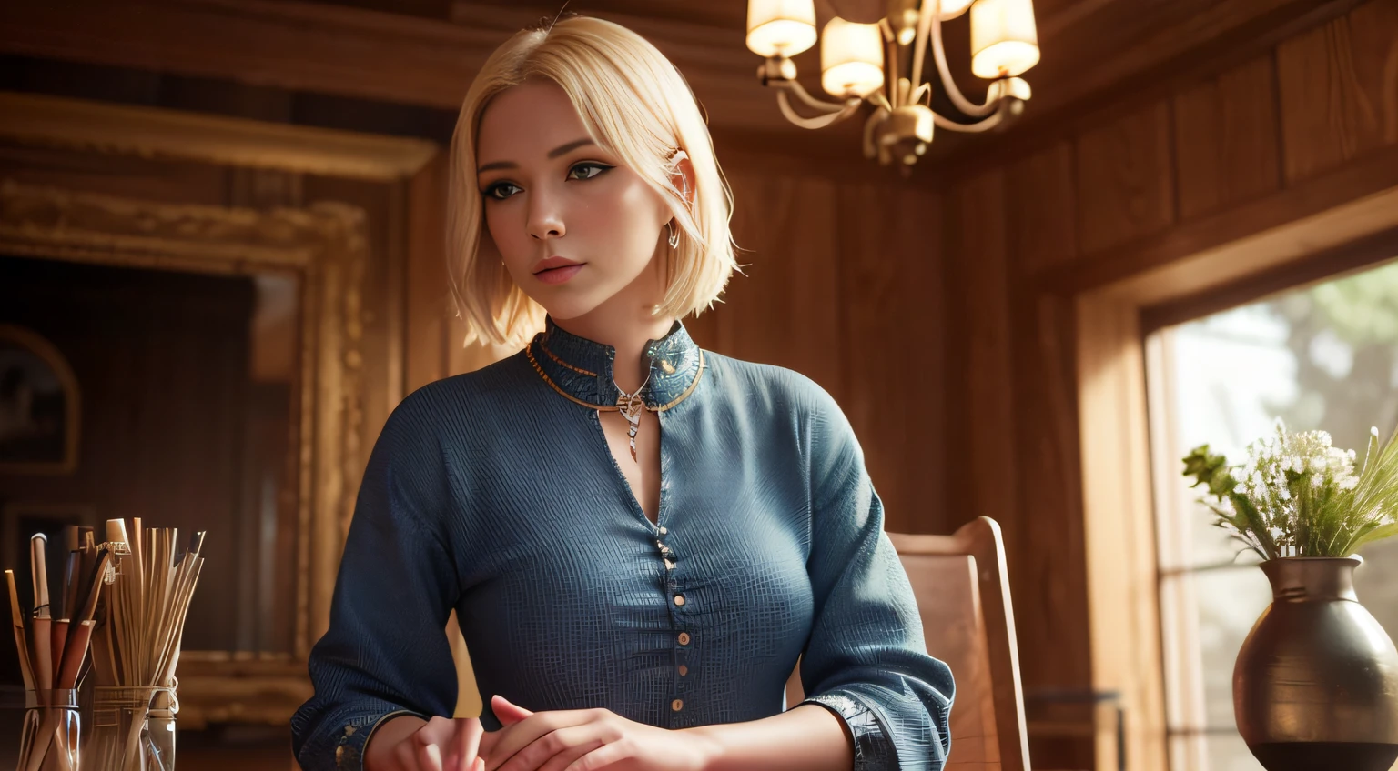 Short-haired cowboy woman in a saloon in the Old West, blonde, Sexy, Dynamic posture, sitting, Smoking pipe, Whiskey table, blueprint, Revolver with a bullet for 6 bullets, barrel, a table, playing cards, Dust, Artwork, ....3d, 4k, Detailed, Realistic ((Full-pageconcept-art, Project Sheet, 3 dBlender: 1)), Exhibition of antique jewelry in the Slavic style, Rings, earings, necklaces, bangles, a gold, silver, gems, ....3d модель, depth, many details,  ((extreme hight detail)),(Ultra-detailed),(painting), chiaroscuro, extremely detailed CG unity 8k wallpaper,