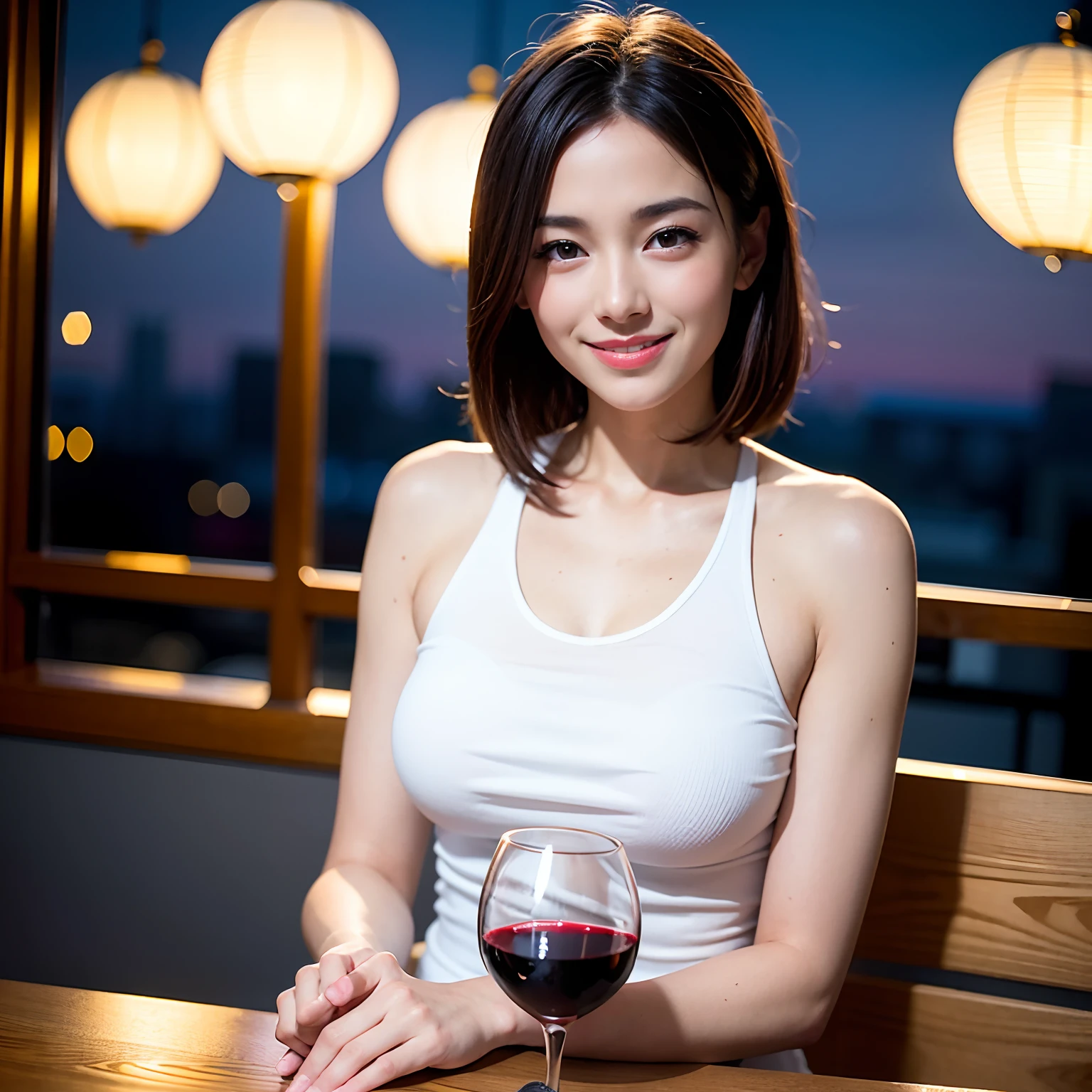 (64K, UHD, top quality, masterpiece: 1.2), (realistic, photorealistic: 1.37), super detailed, pretty woman 1 person, (slim face), (slim body), (brown hair), (short cut), cheeks slightly blushing, (44 years old), 38 years old, solo, beautiful detailed urban night view outside the window, restaurant, wine glasses sit, at night, in a prominent placeNovaFrogStyle, Actress, Model, Waist Up, White Wine, Slim, Wine Glass, Super Clean Night View, Wine Glass Put in the Middle, Happy Smile, (Smile: 1.15), Beautiful Fine Eyes, Upper Body, Bust Japan Up, Night, Short, Short, Actress, Model, Waist Up, White Wine, Slim, Wine Glass, Super Clean Night View, Wine Glass Put in the Middle, Happy Smile,