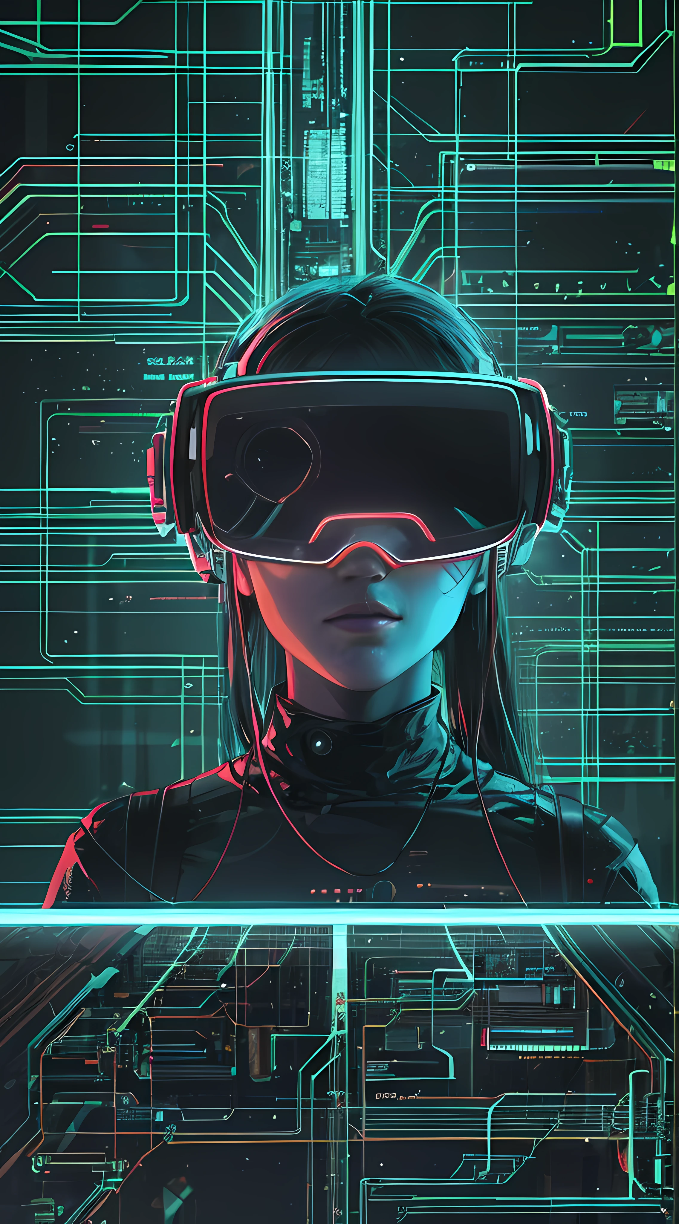 Cyberpunk style, IA avatar, cyberspace, wireframe, matrix, tron, minimal, abstract, virtual reality, black background, neon lights, virtual interface, looking at camera
