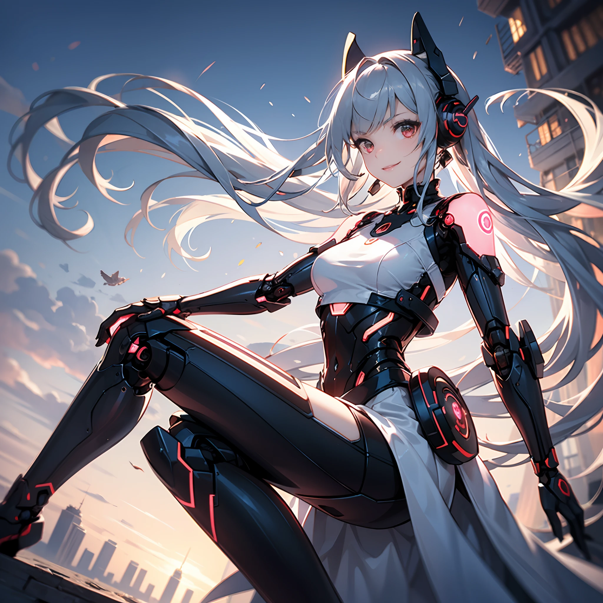 ((Masterpiece, Best quality)), 8K wallpaper, Mechanical girl, Long hair, Red hair, Solo, dress, Humanoid robots, cyber punk perssonage, Red eyes, view the viewer, Long sleeves, Building, White dress, mitts, hair adornments, Black jacket, Smile, Floating hair, Closed mouth, looks away, Outdoors, Future science fiction, Antenna ears, Dutch angle, Constructivism, optical illusion, f/2.8, best quality, retina