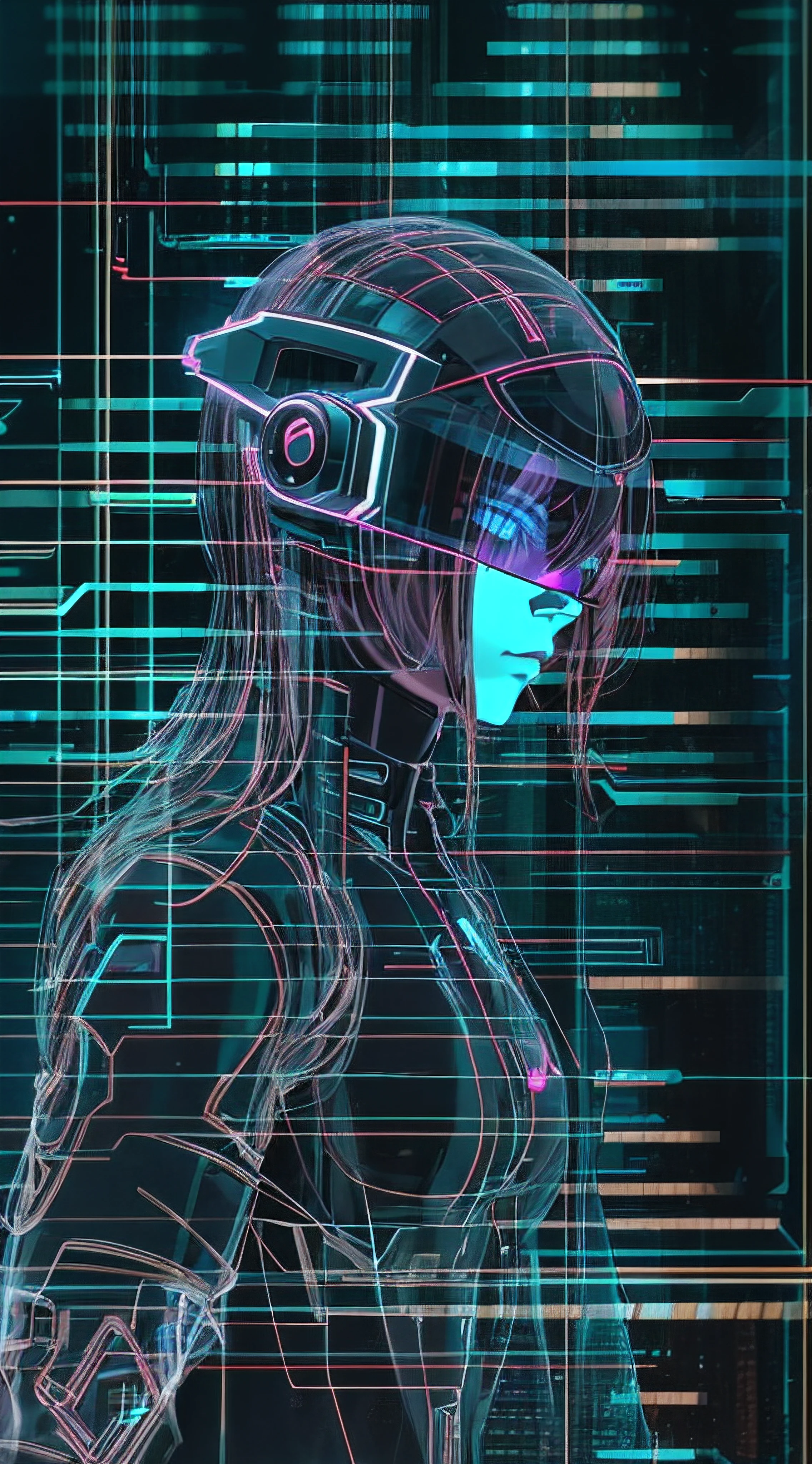 Cyberpunk style, IA avatar, cyberspace, wireframe, matrix, tron, minimal, abstract, virtual reality, black background, neon lights, virtual interface, looking at camera