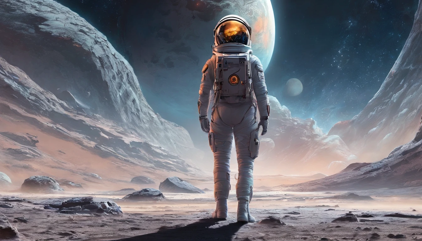 ​masterpiece,top-quality,Detailed lunar surface,On the ground of the moon,One girl on the moon,Detailed and beautiful earth emerging