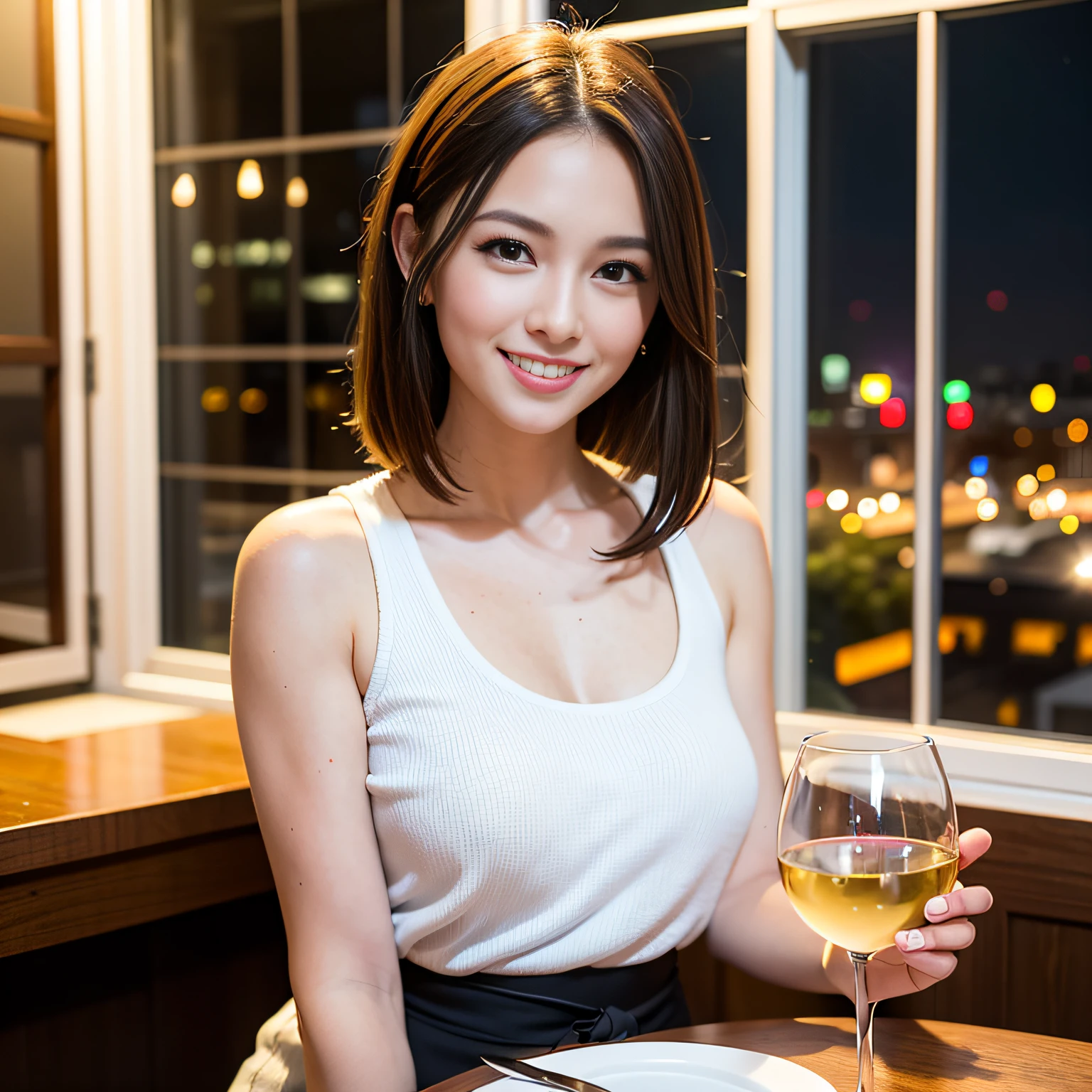 (64K, UHD, top quality, masterpiece: 1.2), (realistic, photorealistic: 1.37), super detailed, pretty woman 1 person, (slim face), (slim body), (brown hair), (short cut), cheeks slightly blushing, (44 years old), 38 years old, solo, beautiful detailed urban night view outside the window, restaurant, wine glasses sit, at night, in a prominent placeNovaFrogStyle, Actress, Model, Waist Up, White Wine, Slim, Wine Glass, Super Clean Night View, Wine Glass Put in the Middle, Happy Smile, (Smile: 1.15), Beautiful Fine Eyes, Upper Body, Bust Japan Up, Night, Short, Short, Actress, Model, Waist Up, White Wine, Slim, Wine Glass, Super Clean Night View, Wine Glass Put in the Middle, Happy Smile,