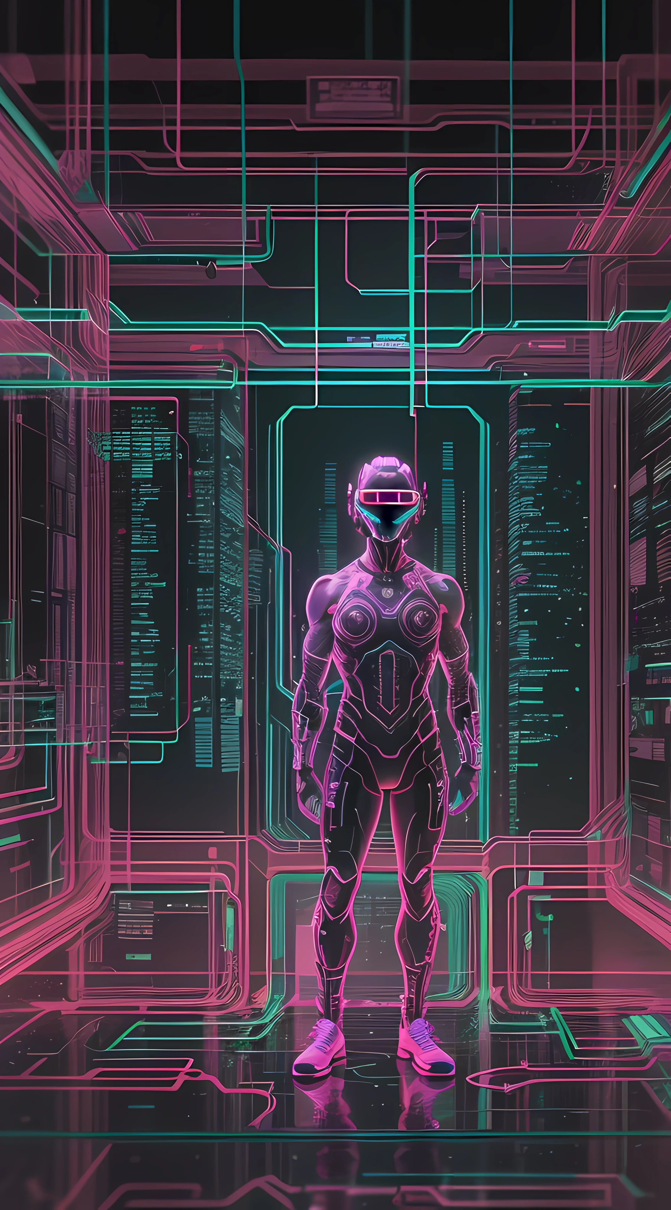 Cyberpunk style, IA avatar, cyberspace, wireframe, matrix, tron, minimal, abstract, virtual reality, black background, neon lights, virtual interface, looking at camera