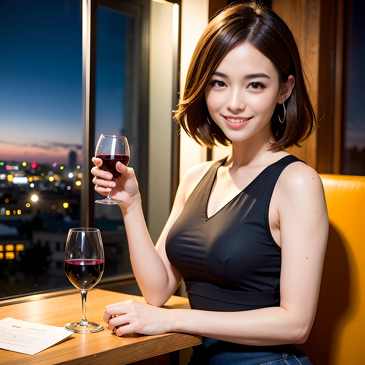 (64K, UHD, top quality, masterpiece: 1.2), (realistic, photorealistic: 1.37), super detailed, pretty woman 1 person, (slim face), (slim body), (brown hair), (short cut), cheeks slightly blushing, (44 years old), 38 years old, solo, beautiful detailed urban night view outside the window, restaurant, wine glasses sit, at night, in a prominent placeNovaFrogStyle, Actress, Model, Waist Up, White Wine, Slim, Wine Glass, Super Clean Night View, Wine Glass Put in the Middle, Happy Smile, (Smile: 1.15), Beautiful Fine Eyes, Upper Body, Bust Japan Up, Night, Short, Short, Actress, Model, Waist Up, White Wine, Slim, Wine Glass, Super Clean Night View, Wine Glass Put in the Middle, Happy Smile,