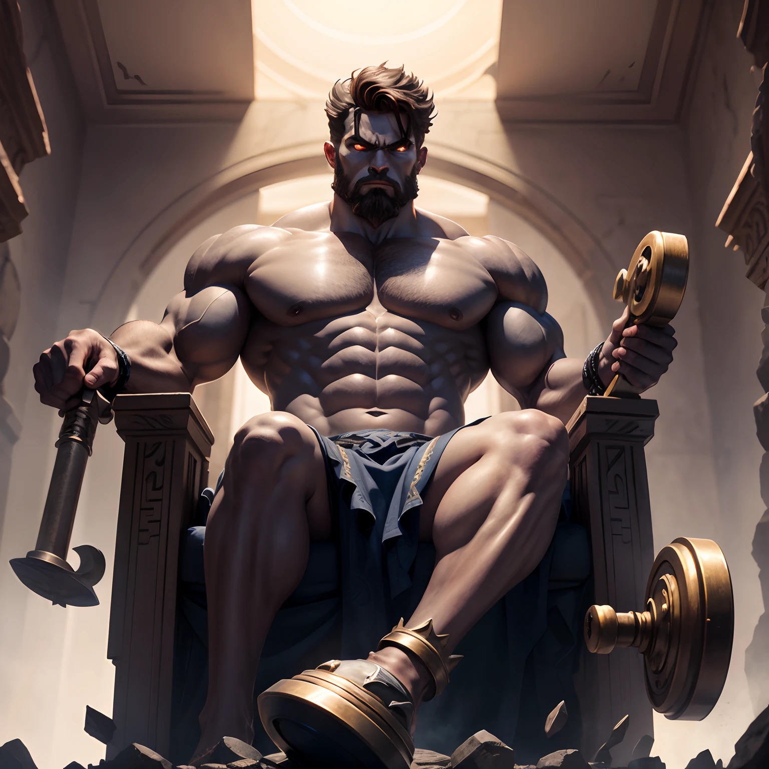 Cyclops Greek mythology imposing ultra details sitting on the throne looking at me holding his hammer with very sinister features