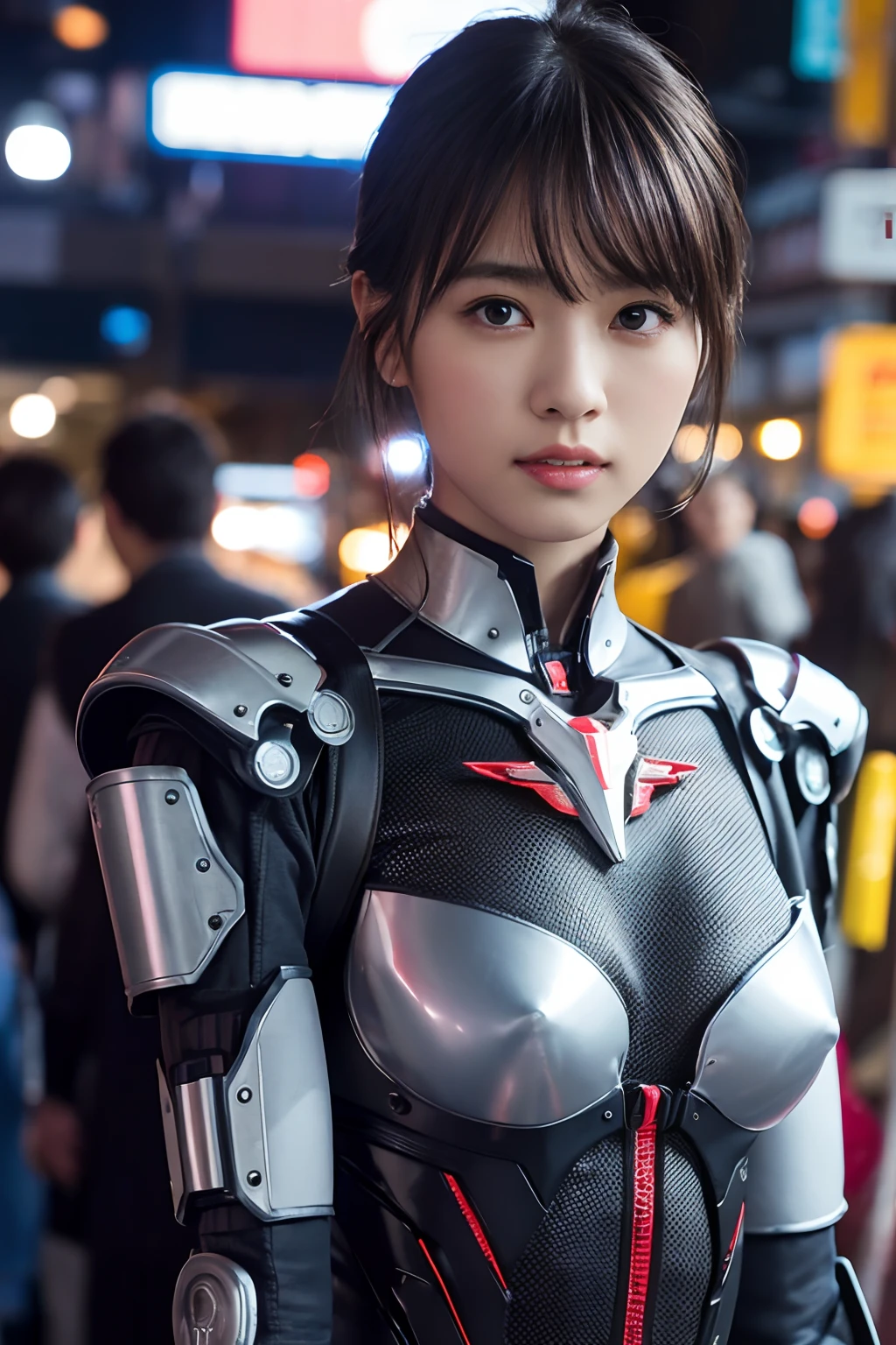 （Fighting mechanical robot soldiers:1.5）、top-quality、​masterpiece、ultra high resolution、(Photorealsitic:1.4)、Raw photo、1girl、Black hair、glowy skin、((1 Mechanical Girl, obvious boudy line, obvious nipple line))、((super realistic details))、portlate、（Small LED lamp）、Wire tubes that glow all over the body、globalillumination、Shadow、octan render、8K、Armpit、ultrasharp、Colossal tits、Small LED lamp、Raw skin is exposed in cleavage、metals、Red bodysuit、Armpit、Cyberpunk city background、Details of complex ornaments、Japan details、highly intricate detail、Realistic light、CGSoation Trends、Blue eyes、radiant eyes、Facing the camera、neon details、（Helmet of the Brave）、Mechanical limbs、blood vessels connected to tubes、Mechanical vertebrae attached to the back、mechanical cervical attaching to neck、Wires and cables connecting to the head、Gundam、Small LED lamp、Particles of light、