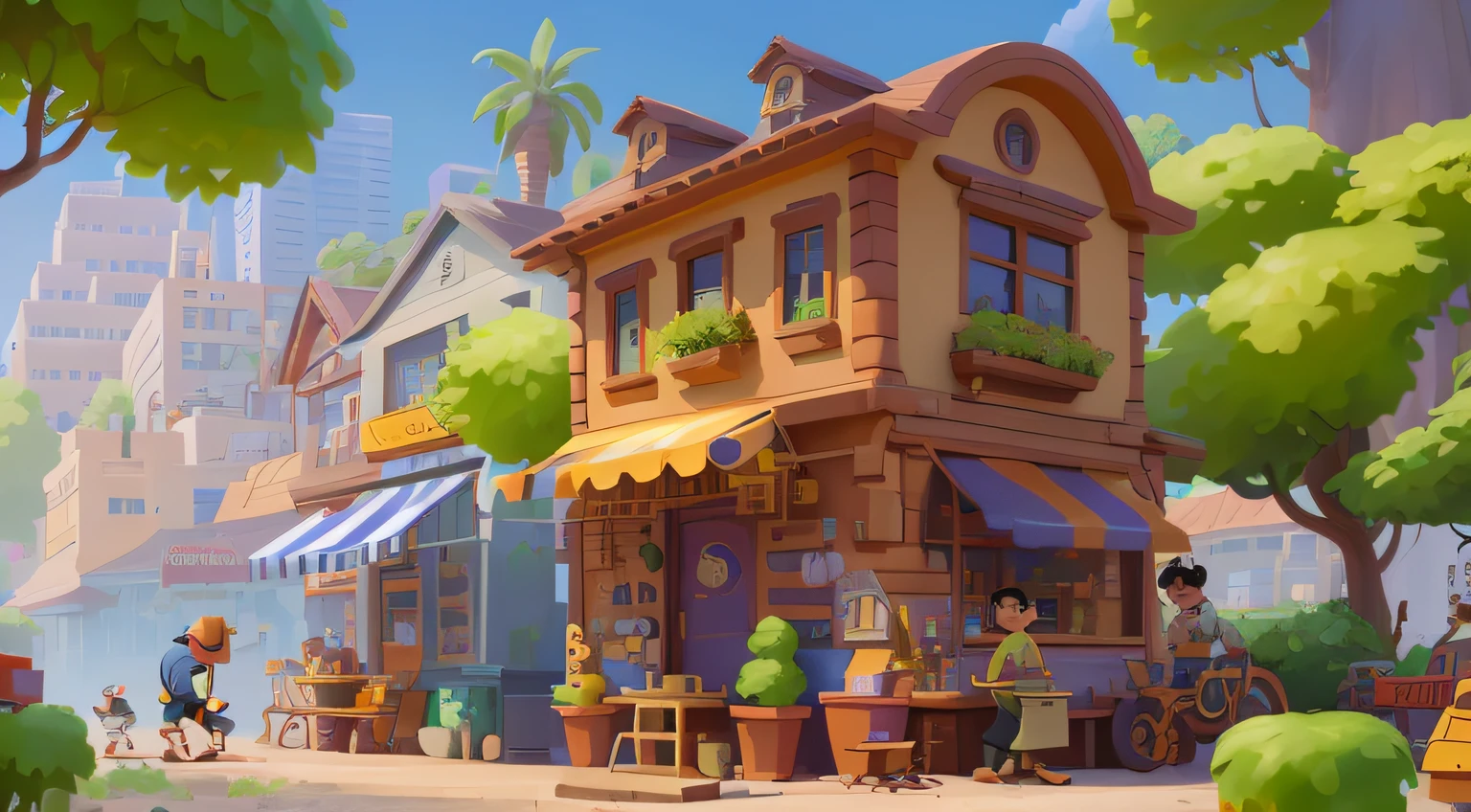 masterpiece,bestquality,toon,building,Pixarstyle,simpledesign,people,trees WineandTan,Mechanic,