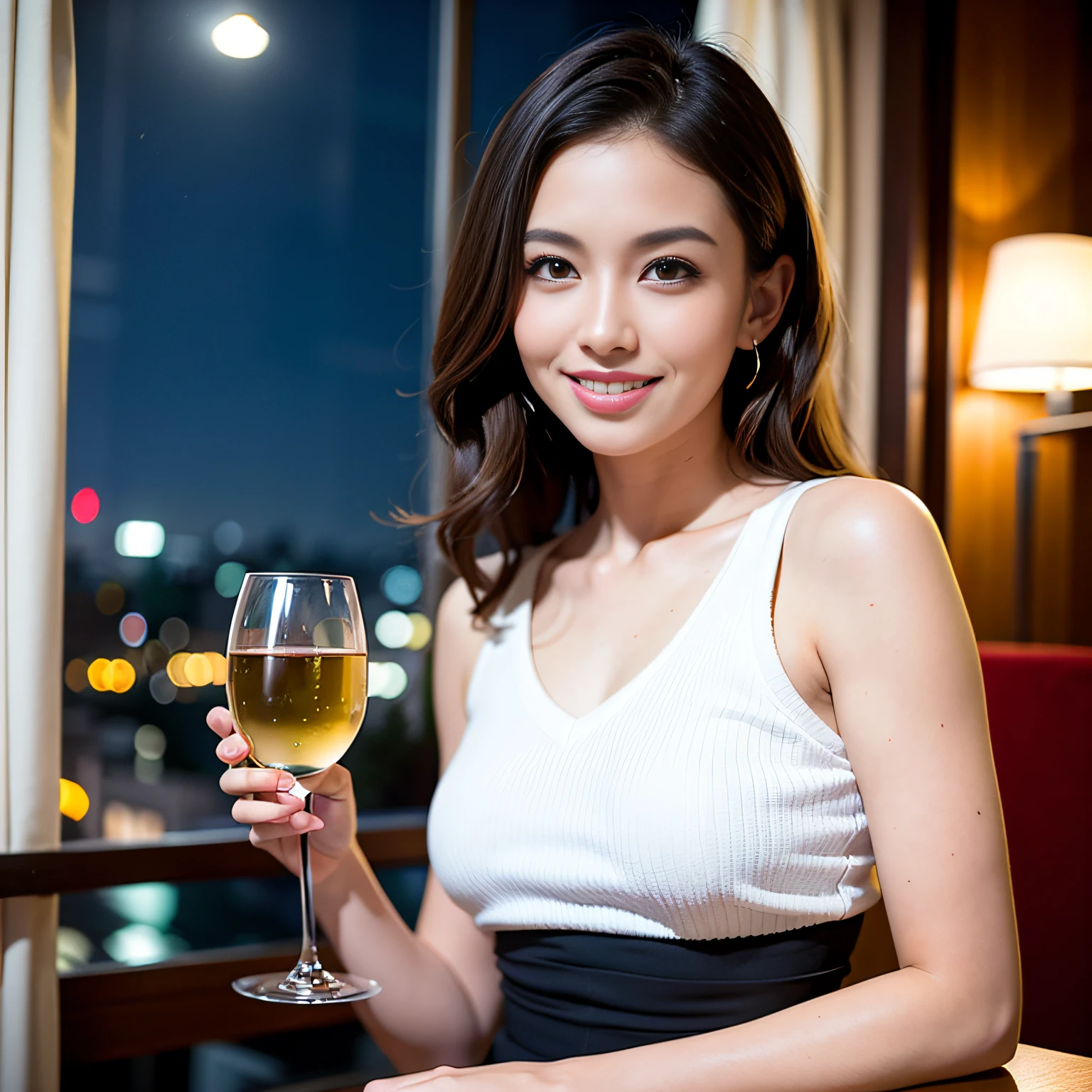 (64K, UHD, top quality, masterpiece: 1.2), (realistic, photorealistic: 1.37), super detailed, pretty woman 1 person, (slim face), (slim body), (brown hair), (short cut), cheeks slightly blushing, (44 years old), 38 years old, solo, beautiful detailed urban night view outside the window, restaurant, wine glasses sit, at night, in a prominent placeNovaFrogStyle, Actress, Model, Waist Up, White Wine, Slim, Wine Glass, Super Clean Night View, Wine Glass Put in the Middle, Happy Smile, (Smile: 1.15), Beautiful Fine Eyes, Upper Body, Bust Japan Up, Night, Short, Short, Actress, Model, Waist Up, White Wine, Slim, Wine Glass, Super Clean Night View, Wine Glass Put in the Middle, Happy Smile,