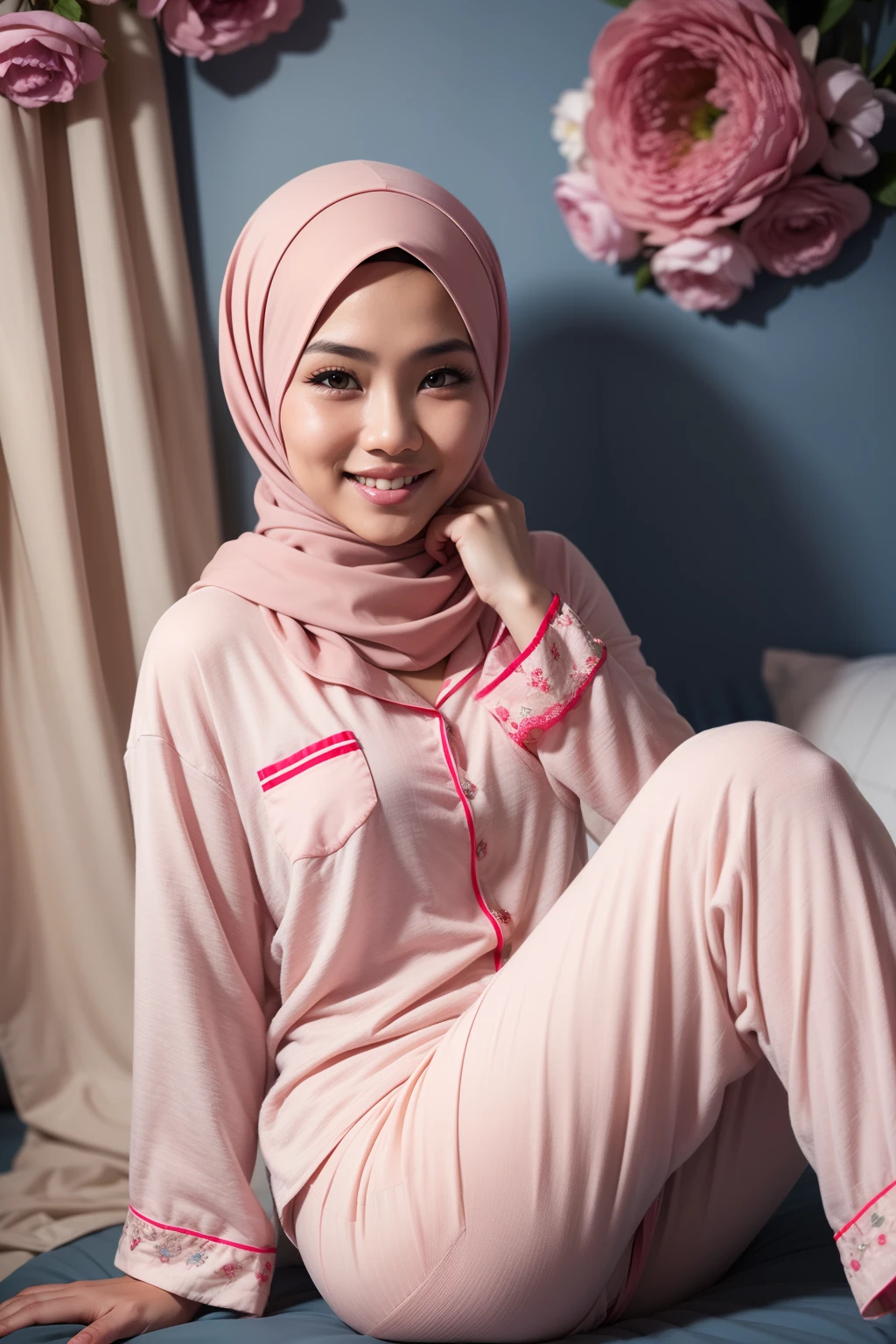Malay girl in hijab wearing sexy pastel color pajamas portrait photography, mid shot photo, ultra detail, professional photograph with professional lighting, smile, light blue studio background, sexy seducing pose, curvy