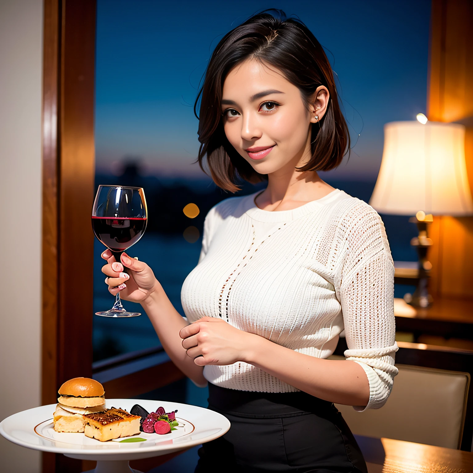 (64K, UHD, top quality, masterpiece: 1.2), (realistic, photorealistic: 1.37), super detailed, pretty woman 1 person, (slim face), (slim body), (brown hair), (short cut), cheeks slightly blushing, (44 years old), 38 years old, solo, beautiful detailed urban night view outside the window, restaurant, wine glasses sit, at night, in a prominent placeNovaFrogStyle, Actress, Model, Waist Up, White Wine, Slim, Wine Glass, Super Clean Night View, Wine Glass Put in the Middle, Happy Smile, (Smile: 1.15), Beautiful Fine Eyes, Upper Body, Bust Japan Up, Night, Short, Short, Actress, Model, Waist Up, White Wine, Slim, Wine Glass, Super Clean Night View, Wine Glass Put in the Middle, Happy Smile,