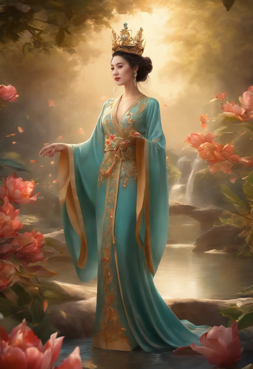 A lazy girl in a garden, draped in a luxurious dragon robe and adorned with a majestic crown. She is dressed in water-themed attire, with a flowing dress reminiscent of waves. The dragon robe is intricately patterned, showcasing traditional Chinese fashion. This artwork is a masterpiece, crafted with the highest quality and attention to detail. The resolution is stunning, at an 8K resolution, allowing for every stroke and nuance to be captured. The girl is also wearing crystal shoes, a shimmering necklace, and other crystal accessories, adding a touch of elegance and glamour. The scene is inspired by the art trends on Daryl, Pixiv, and curated selections from art galleries. The composition is reminiscent of a cinematic shot, with dramatic poses and beautiful lighting. The colors are vibrant and vivid, creating a captivating visual experience. The lighting is carefully crafted to highlight the girl's beauty and accentuate the sharpness and intricate details of the artwork. Every element in this artwork is meticulously rendered, creating a high-definition image that is both stunning and immersive.