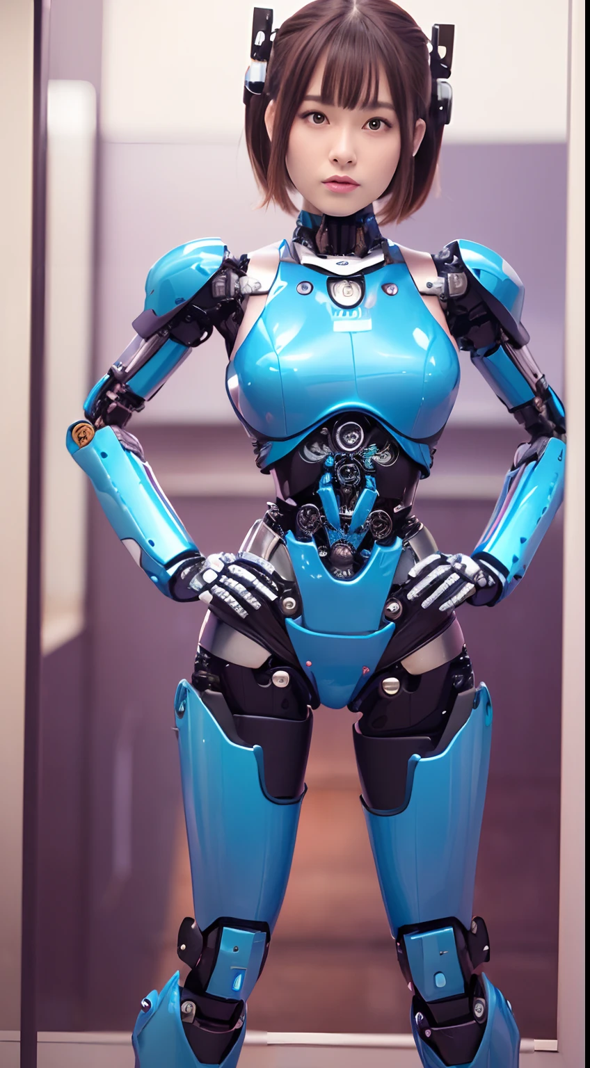 (Photorealsitic:1.4)、one woman、(top-quality)、(hyperdetailed face)、(Super well-formed face)、((Robot Parts))、(Female-Robot)、(28 years-old)、(Blue)、(pink there)、(Burgundy)、(metallic)、(full-body)、(sexy pose)、(Slender body)、(Model body type)、(full body mech)、(mechanical exposure)、(Akihabara)、(is looking at the camera)、(A dark-haired)、(Well-proportioned lady)、(a small face)、(well-groomed fingers)、(Idol)、(front facing)、(Standing with legs open)、(Hands on hips)、(Photo session)、(Looks sad)、(perfect-female-robot)、(perfect-mechanical-body)