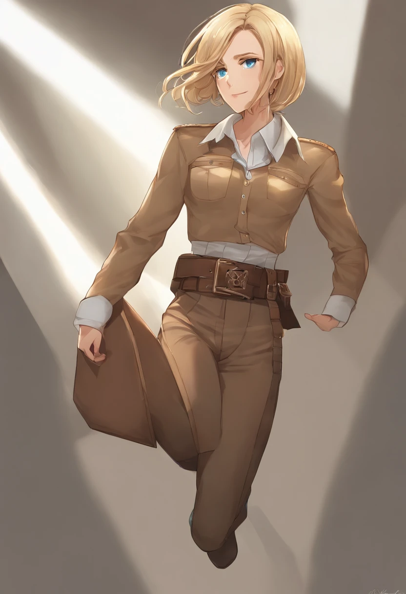 Ott style, shingeki no kyojin,, , Krista Lentz,, 1girll, belt, belt buckle, Blonde hair, Blue eyes, brownfootwear, Brown pants, Buckle, Chest belt, Collared shirt, Diamond (Shape), Floating hair, From the side Side, full bodyesbian, greybackground, hair between eye, hands on own thighs, Long hair, Long sleeves, watching the future, Own hands together, Pants, parted lip, shirt, shoes, Sitting, Solo, Sparkle, Star (symbol), thigh band, White shirt, , , ((Masterpiece)), Best quality, ,