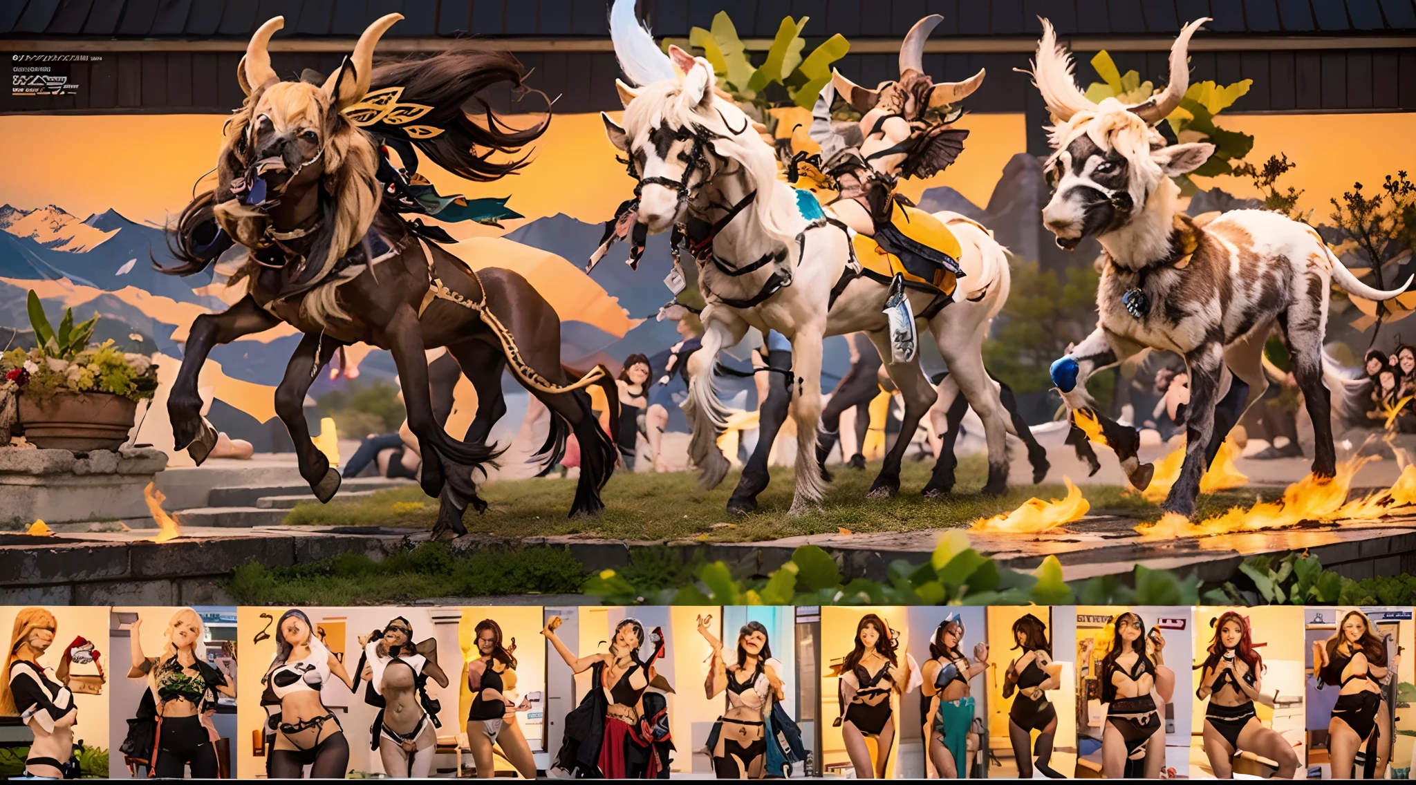In the beautiful illustration of this super-grand scene,The ultra-distant lens shows us(Over eight separate and distinctive centaur characters:9.9),They all have their own characteristics,Vivid and interesting。Radiant from the heavens(Angelic centaurs:6.6),To nightmarish is(Centaurs surrounded by flames:6.6)、And then to the wind dancing in the air(Fairy centaurs:6.6)、And thunder and lightning surrounding(One-horned centaur:6.6),and shining metallic ones(Mechanical style centaur:6.6)、And then(A centaur with colorful dragon scales covering the whole body:6.6)The power is powerful、Elegant and agile(Elf centaur's slenderness:6.6)Gracefully wears a flower crown、Enchanting and charming(Tiflin centaurs:6.6)、Have the indescribable(Raised sexy:6.6)'s(Succubus centaurs:6.6)。Each character has their own unique charms and abilities。The illustration uses advanced artistic techniques and tools,(Use nesting、woven、stitching、ssee-through、arrange、grouping、Storyboards and other methods,Divide the scene into sections by geometric arrangement:9.9),Each section corresponds to a centaur character,This makes more efficient use of space。Through Midjourney's advanced brush tools、Color palette、Material packs and model packs、Texture tools,For each centaur, beautiful props are designed to increase racial characteristics、Clothing and physical features,(Enhances the character's personality and visual appeal:2.5),The scenery in the illustrations is stunning,There are changing skies、rainbowing、extreme light、Stars and Moon。Incorporating iconic landmarks such as Mount Everest,and fireworks、tranquil lake、Natural and urban elements of waves and neon lights,Creates a magical atmosphere,The centaurs display their unique abilities and equipment in a variety of environments,This is true even in extreme alien landscapes。(Use Midjourney's tools、Material packs、Texture tools、The color palette makes depicting details vivid and realistic:9.9),From complex hairstyles and as well as different racial traits、Body、Ap