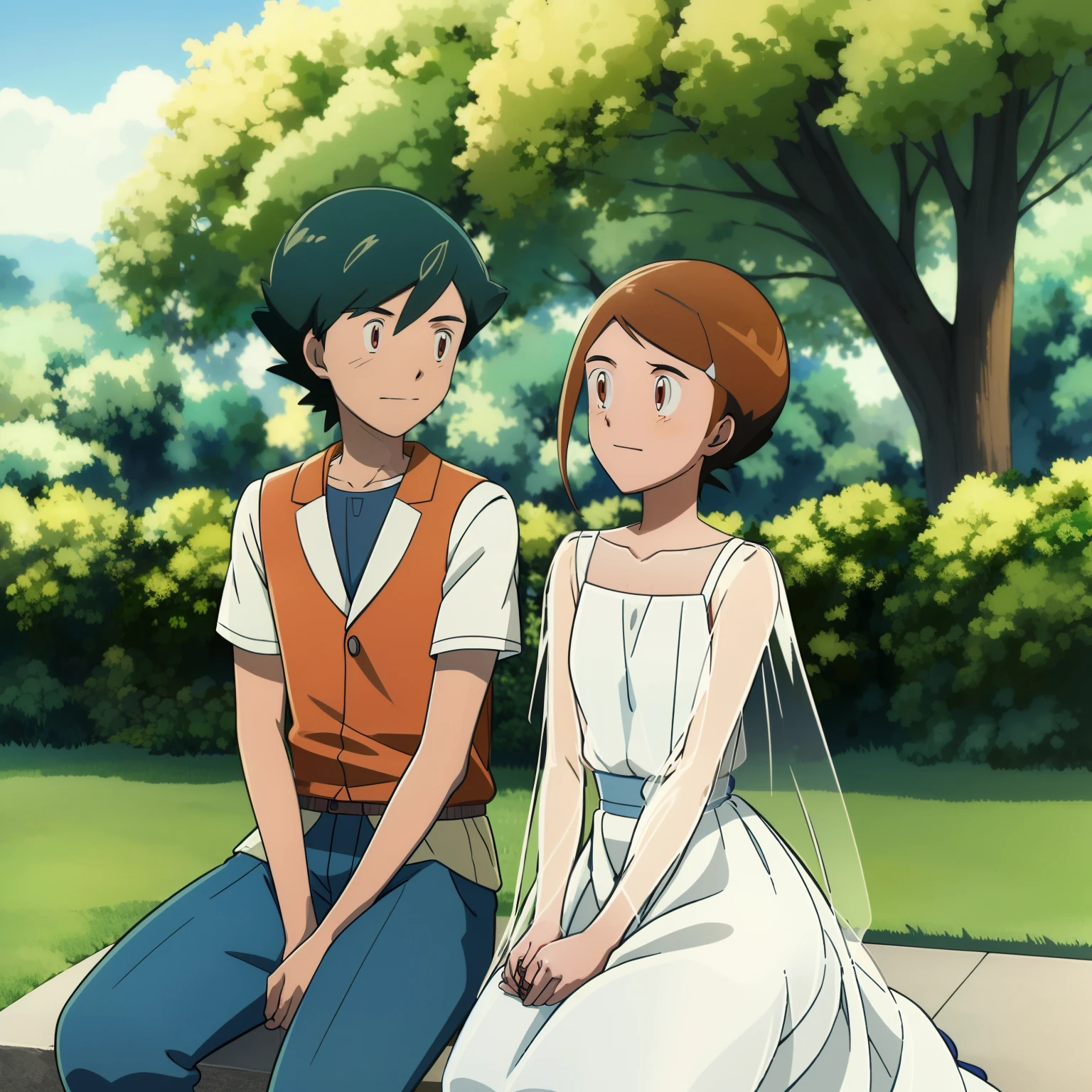 Ash Ketchum and Kari kamiya get married,((masterpiece: 1.2)),ultra-detailed, ultra high res, high quality, 4K, solo, 1girl,extreamly delicate and beautiful,illustration,masterpiece,(illustration),(highres),sitting,brown_hair,short_hair,hair_ornament,hairclip, big breasts, 1boy, black hair, wedding, love, bride, groom, kiss, couple, outdoor, full body