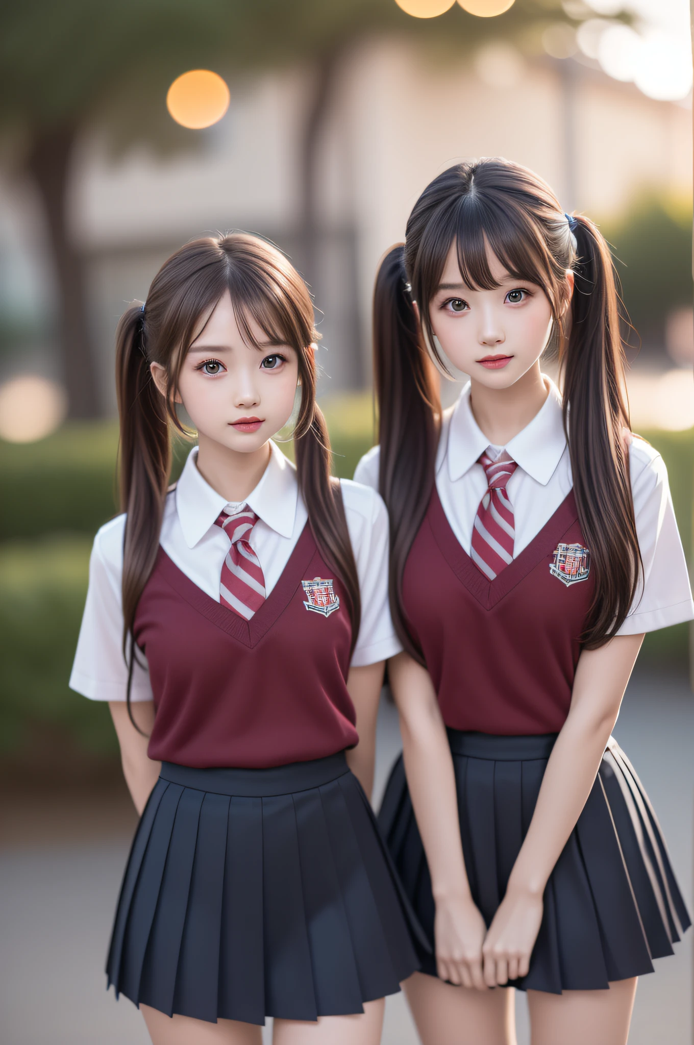 ((2girls)), ((Best Quality)), (Ultra-detailed), (extremely detailed CG unified 8k wallpaper), Highly detailed, High-definition raw color photos, Professional Photography, (Twintails), Brown hair, Amazing face and eyes, Pink eyes, (amazingly beautiful girl), (hi-school uniform, pleated mini skirt:1.3), (((Bokeh))), depth of fields,