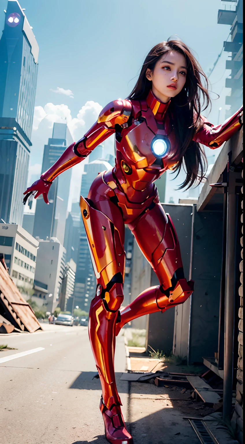 RAW, ​masterpiece, ultra fine photos,, top-quality, 超A high resolution, Photorealsitic, sunlights, Full body portrait, stunningly beautiful,, Dynamic poses, delicated face, vibrant eyes, (from side view), she is wearing a futuristic Iron Man mech, Red and gold color scheme, Very detailed abandoned warehouse background, A detailed face, Detailed and complex busy background, Messy and gorgeous, milkyW, High detail skin, realistic skin detail、Visible Pore、foco nítido、volumetric fog、8K UHD、dslr camera、hightquality、film grains、fair white skin、photorealisim、Lomography、A sprawling metropolis in a futuristic dystopia、view from below、semi transparent、turtle neck、pinkcolor