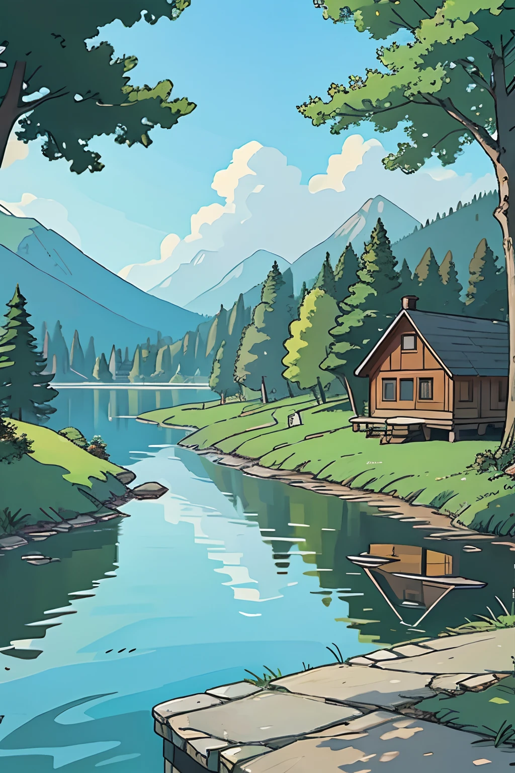 Lakeside view，Natural scenery，small houses，Overlooking