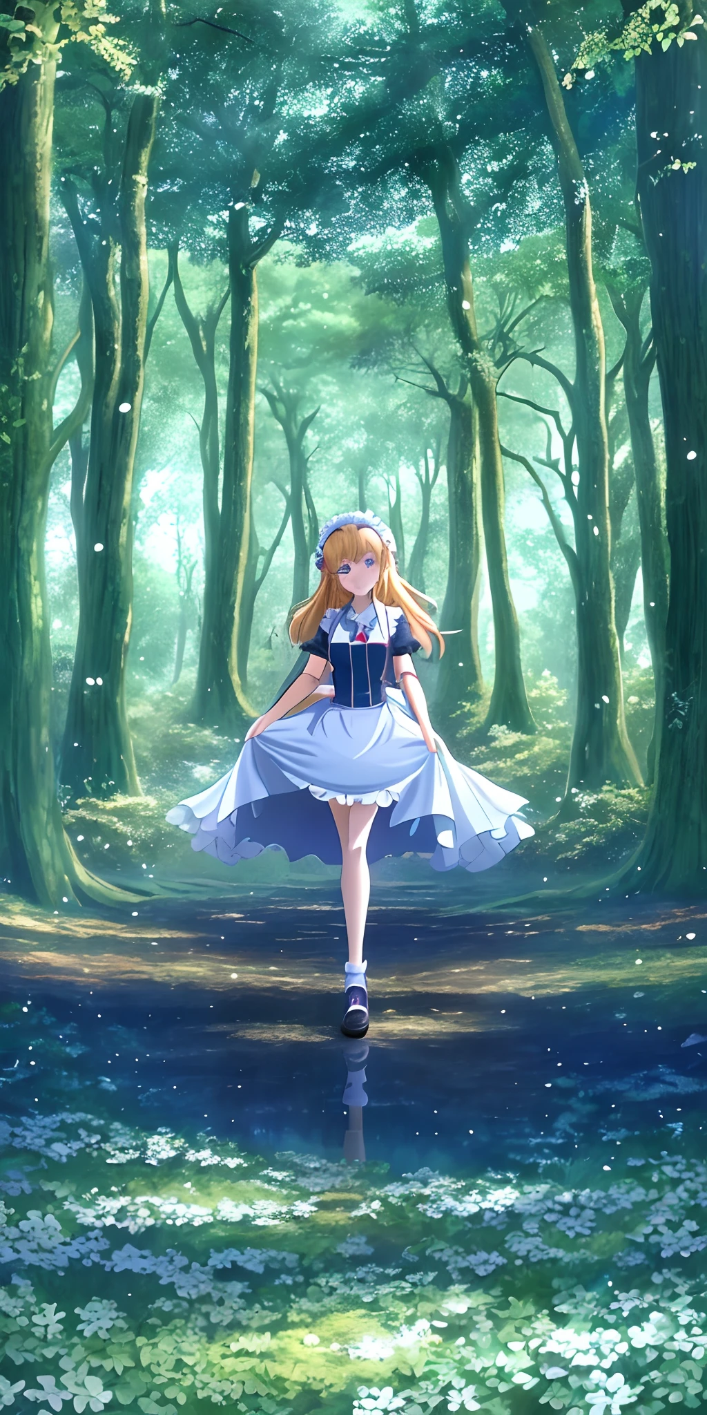 There is a girl in a dress walking through the forest, forest soul, anime lush john 8k woods, a maid in a magical forest, Beautiful anime artwork, Anime fantasy illustration, Beautiful anime art, In the magical forest, zerochan art, high definition anime art, goddess of the forest, In the magical forest, Anime fantasy artwork, In the forest