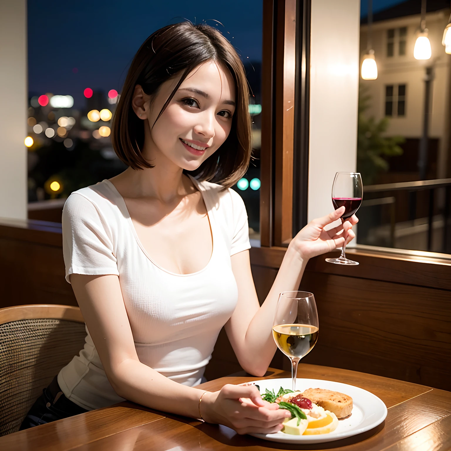 (64K, UHD, top quality, masterpiece: 1.2), (realistic, photorealistic: 1.37), super detailed, pretty woman 1 person, (slim face), (slim body), (brown hair), (short cut), cheeks slightly blushing, (44 years old), 38 years old, solo, beautiful detailed urban night view outside the window, restaurant, wine glasses sit, at night, in a prominent placeNovaFrogStyle, Actress, Model, Waist Up, White Wine, Slim, Wine Glass, Super Clean Night View, Wine Glass Put in the Middle, Happy Smile, (Smile: 1.15), Beautiful Fine Eyes, Upper Body, Bust Japan Up, Night, Short, Short, Actress, Model, Waist Up, White Wine, Slim, Wine Glass, Super Clean Night View, Wine Glass Put in the Middle, Happy Smile,