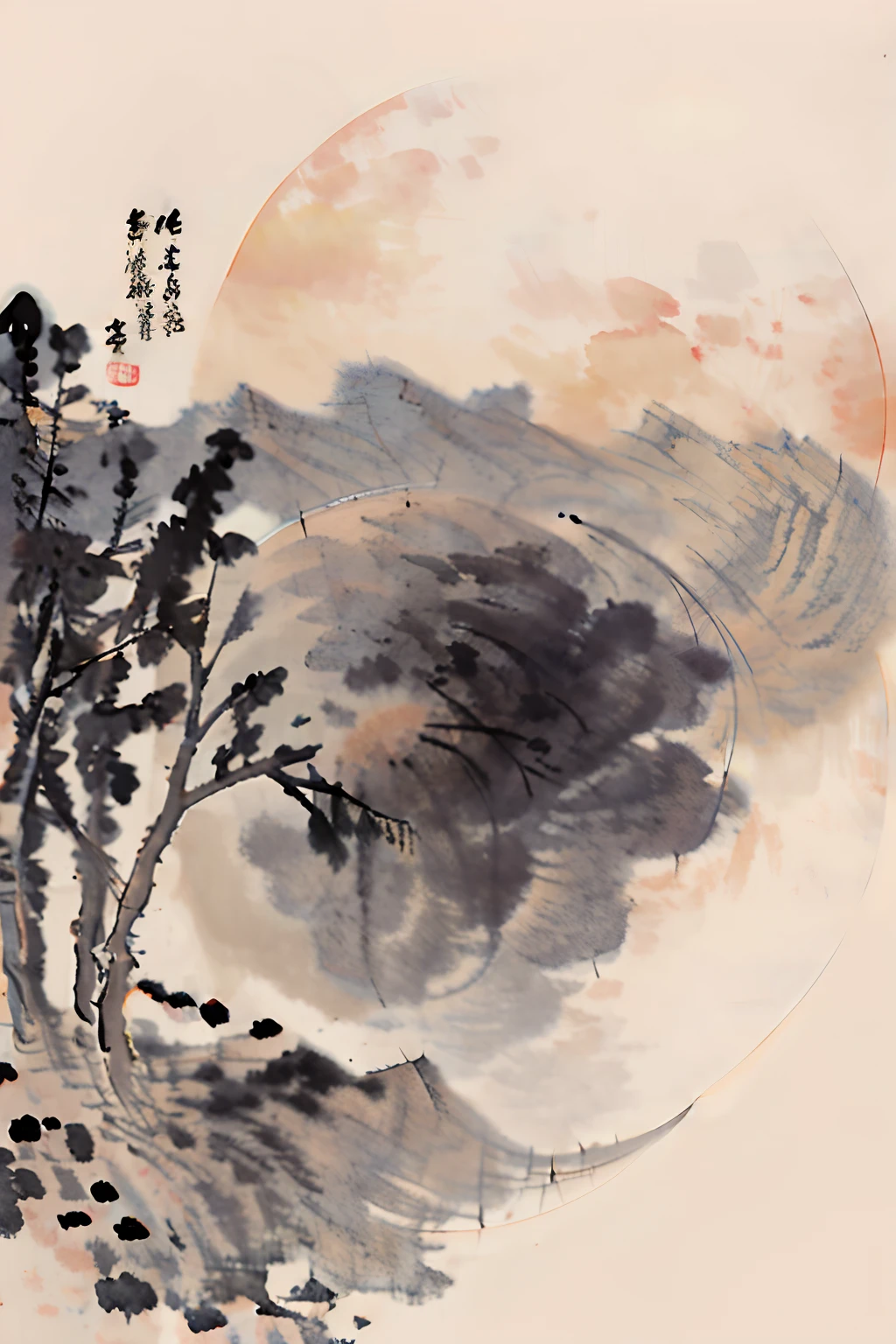 Moonlit Night, Mid-Autumn Festival elements, Tranquil atmosphere,,Best resolution, 4K, 8K, A high resolution, Masterpiece:1.2)Simple Chinese ink painting，Huge Moon