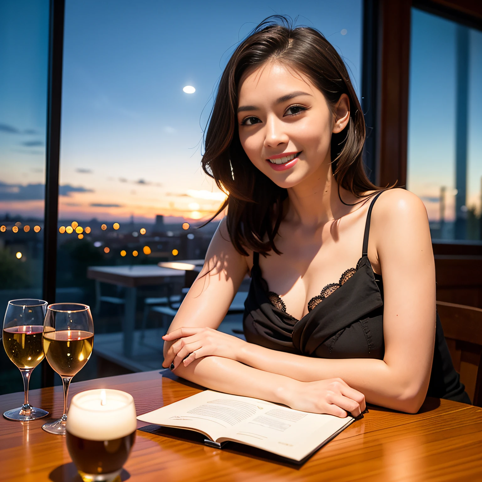(64K, UHD, top quality, masterpiece: 1.2), (realistic, photorealistic: 1.37), super detailed, pretty woman 1 person, (slim face), (slim body), (brown hair), (short cut), cheeks slightly blushing, (44 years old), 38 years old, solo, beautiful detailed urban night view outside the window, restaurant, wine glasses sit, at night, in a prominent placeNovaFrogStyle, Actress, Model, Waist Up, White Wine, Slim, Wine Glass, Super Clean Night View, Wine Glass Put in the Middle, Happy Smile, (Smile: 1.15), Beautiful Fine Eyes, Upper Body, Bust Japan Up, Night, Short, Short, Actress, Model, Waist Up, White Wine, Slim, Wine Glass, Super Clean Night View, Wine Glass Put in the Middle, Happy Smile,