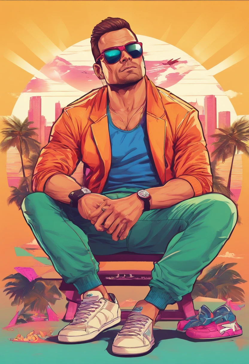 Masterpiece, Best Quality, suntanned skin, looking a viewer, sports clothing, leggins, sitting, bare footed, Simple background with logo, From Bottom, Sunglasses,
