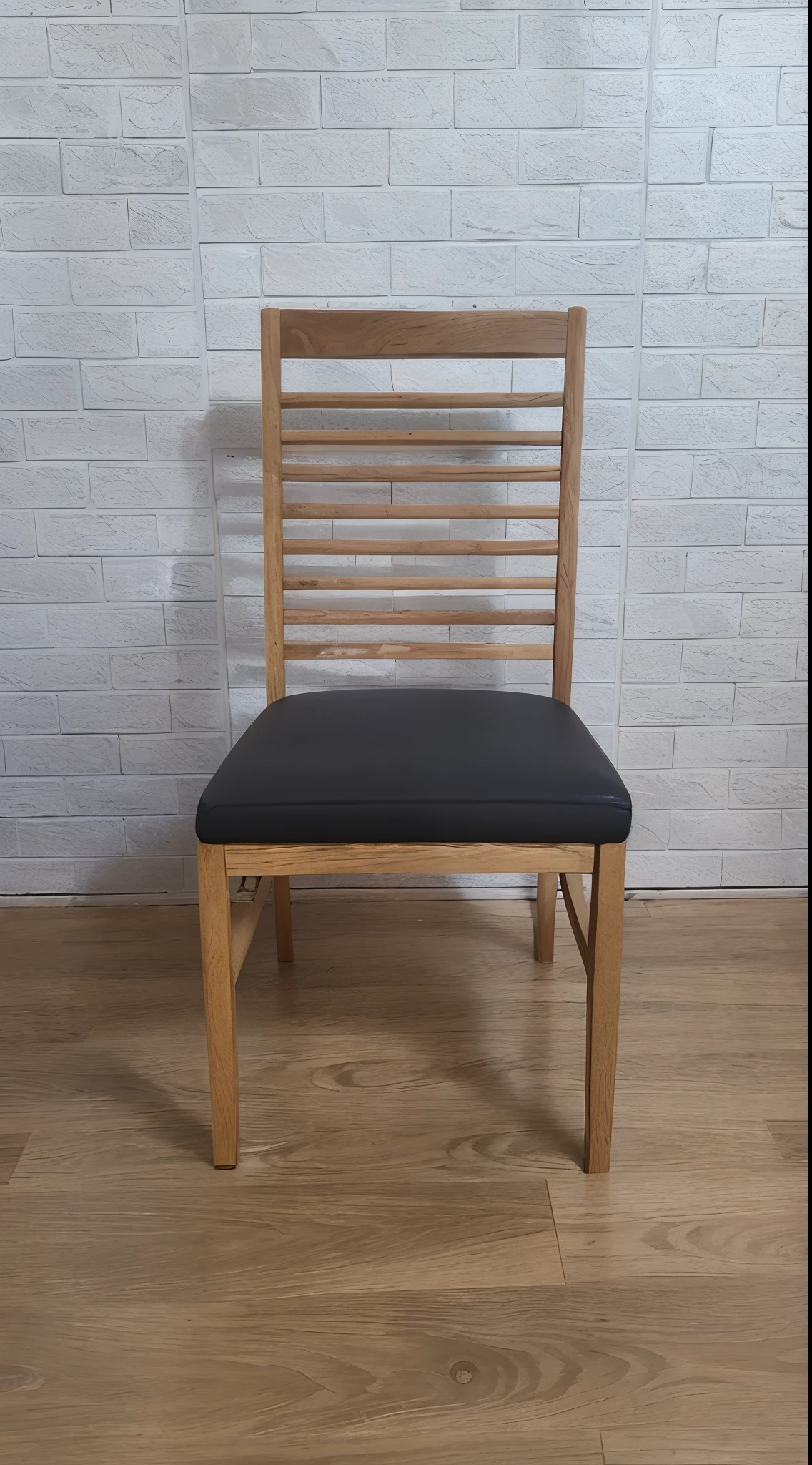 there is a wooden chair with a black seat on a hard wood floor, single chair, rustic, wood chair, chairs, black chair, chairs and tables, seated on wooden chair, wood carved chair, chair, 165 cm tall, 155 cm tall, edited, cheap, e621, full subject shown in photo, geometric, listing image