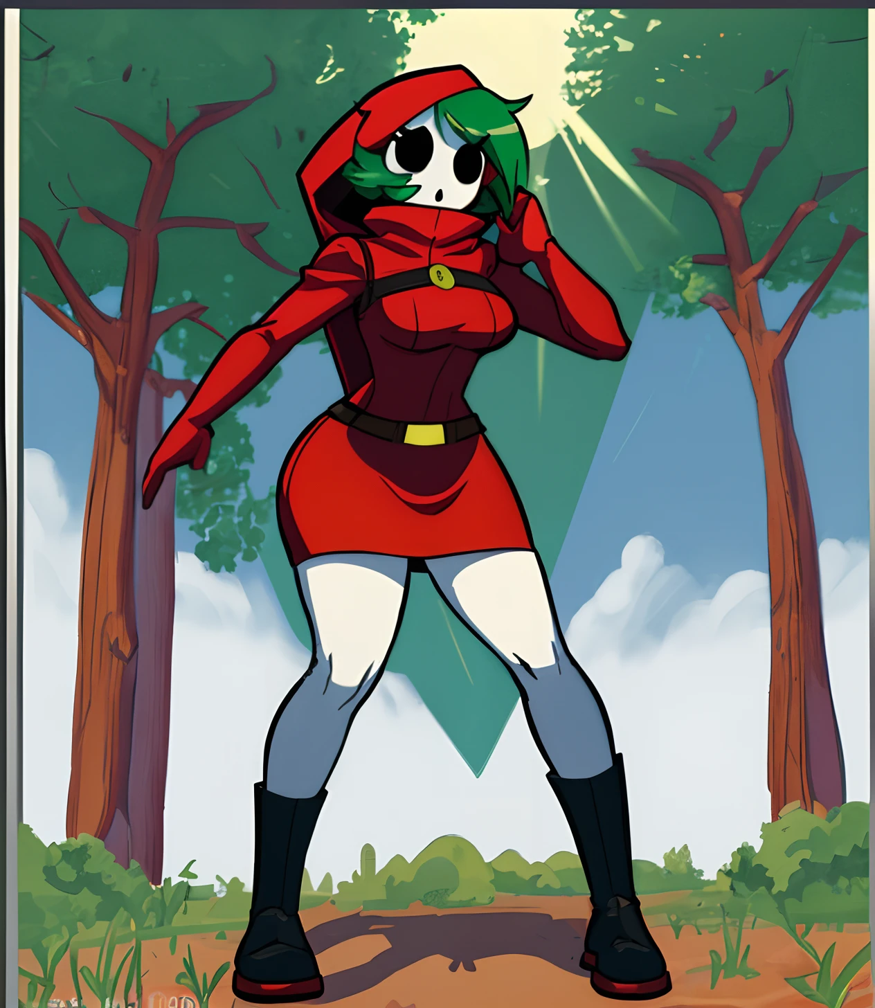 [shy gal], [Uploaded to e621.net; (twistedterra), (wo262), (cabronpr)], ((beautiful 2D art)), ((solo portrait)), ((full body)), ((front view)), ((High quality)), ((anime)), ((detailed shading)), ((intricate details)), {(shy guy), (woman body), (shy guy mask), green hair, beautiful legs, (curvaceous hips)}, {(solid red cloth dress), (short red pencil skirt), red hood, brown belts, (white over-knee socks), (blue heel boots), (blue shoes)}, {(standing)} [Background; (forest), (sunny), (trees), (sun rays through trees)]