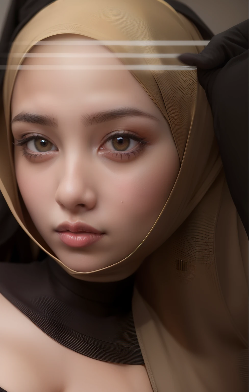 there is a woman wearing a hijab and a black shirt, with accurate face, close up potrait, with cute doting eyes, ruan cute vtuber, realism artstyle, siya oum, inspired by Nazmi Ziya Guran, beautiful aesthetic face, her skin is light brown, inspired by Fathi Hassan, instagram story, close up face